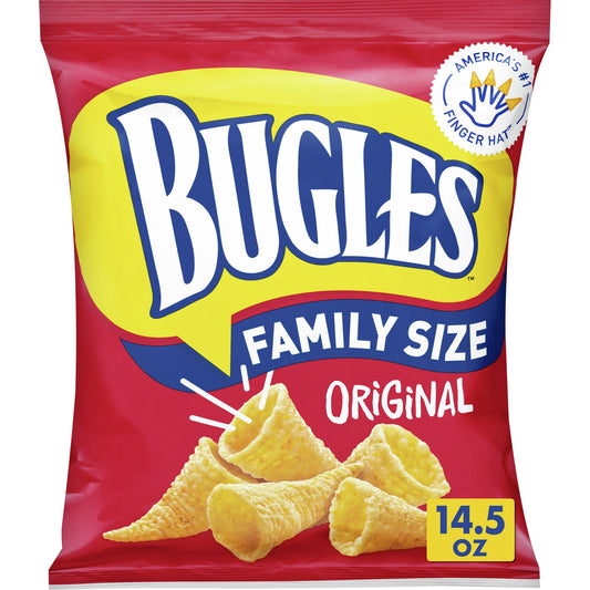 Sound the trumpets. Er ... Bugles. At the start, Bugles was among three new General Mills snacks that represented our entry into the snack food market. We never looked back. Our snack portfolio has since grown wider and more diverse. Today, Bugles has four core flavors - Original, Nacho Cheese, Chocolate Peanut Butter, and Caramel. Bugles Original Flavor Corn Chip Snacks are made with crispy corn and contain no trans fat. If you're looking to create fun and tasty recipes, choose Bugles Crispy Corn Snacks. T