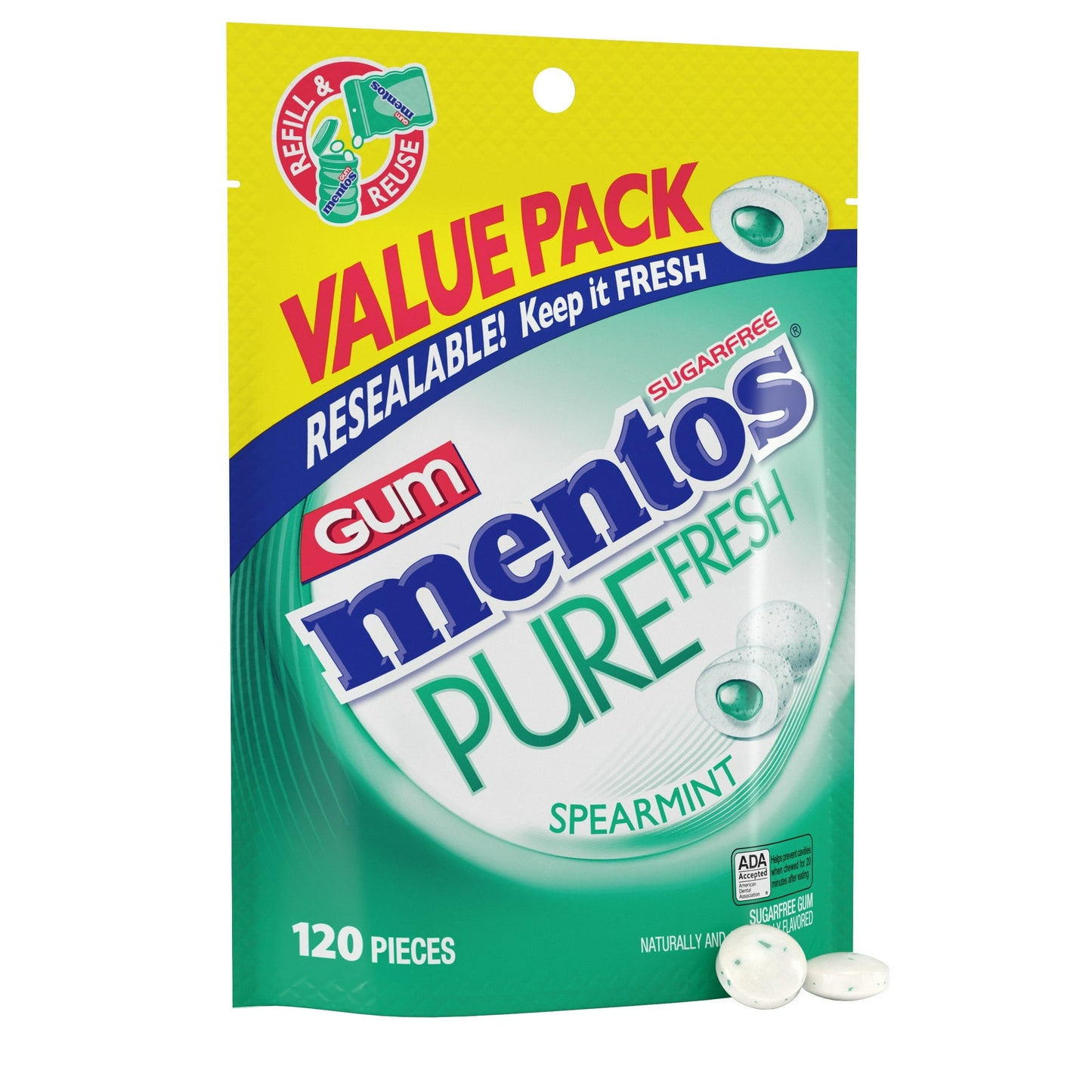 Mentos Pure Fresh sugar-free gum delivers instantly fresh breath. Mentos Pure Fresh sugar-free gum is great for on the go. Xylitol is the first ingredient in Mentos Pure Fresh sugar-free gum. Xylitol helps prevent tooth decay and is a sweet alternative for anyone watching their sugar or caloric intake. Grab this 120 count pack today! Peanut and tree nut free. 120 regular size pieces.