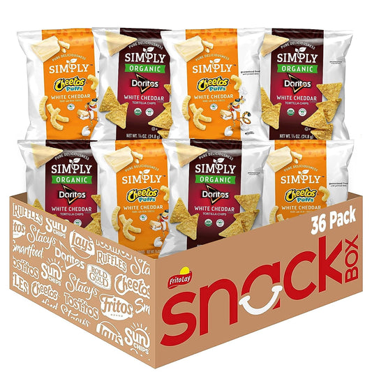 Simply put, Simply Brand snacks have a great taste, with no artificial flavors or colors to get in the way. They're the ones that make you feel good about sharing with the people you love most. This variety pack includes 18 bags each of Simply Cheetos Crunchy White Cheddar Cheese Snacks and Simply Doritos Organic White Cheddar Tortilla Chips. Shelf-stable. Ready for your next delicious adventure! Shelf-Stable / Ambient. Multipack Retail Packaging. Frito-Lay Chips and Snacks. Perfect for on the go snacking a