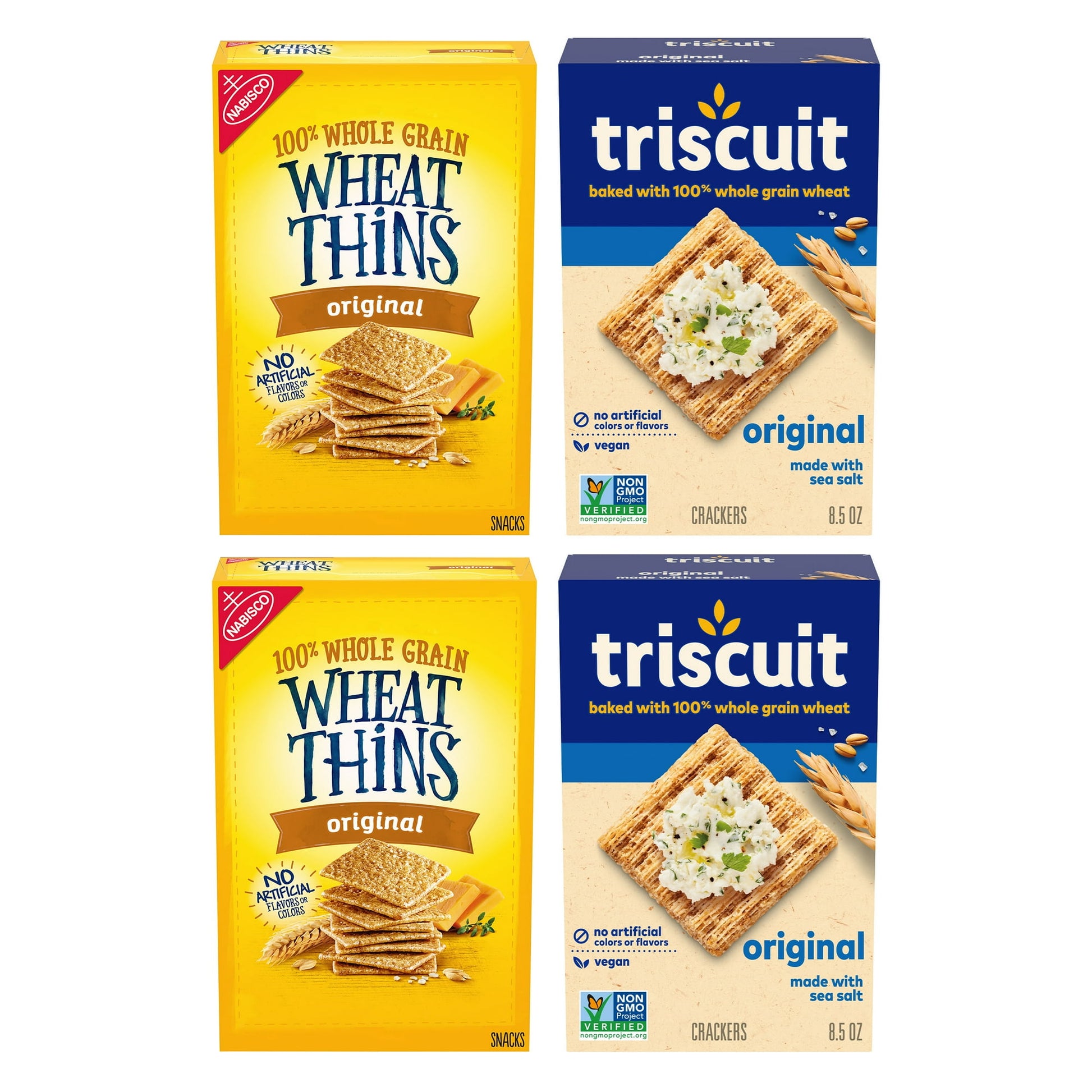 Enjoy two classic cracker snacks in this Wheat Thins Whole Grain Wheat Cracker and Triscuit Original Whole Grain Wheat Vegan Crackers snack variety pack. These whole grain crackers cover all your snacking needs, whether you need lunch snacks or on the go salty snacks. Serve these bulk crackers with other assorted snacks, pack them in small bags for grab and go snack packs or set them out at parties with your favorite meat, cheese, dip or spread.