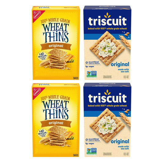 Enjoy two classic cracker snacks in this Wheat Thins Whole Grain Wheat Cracker and Triscuit Original Whole Grain Wheat Vegan Crackers snack variety pack. These whole grain crackers cover all your snacking needs, whether you need lunch snacks or on the go salty snacks. Serve these bulk crackers with other assorted snacks, pack them in small bags for grab and go snack packs or set them out at parties with your favorite meat, cheese, dip or spread.