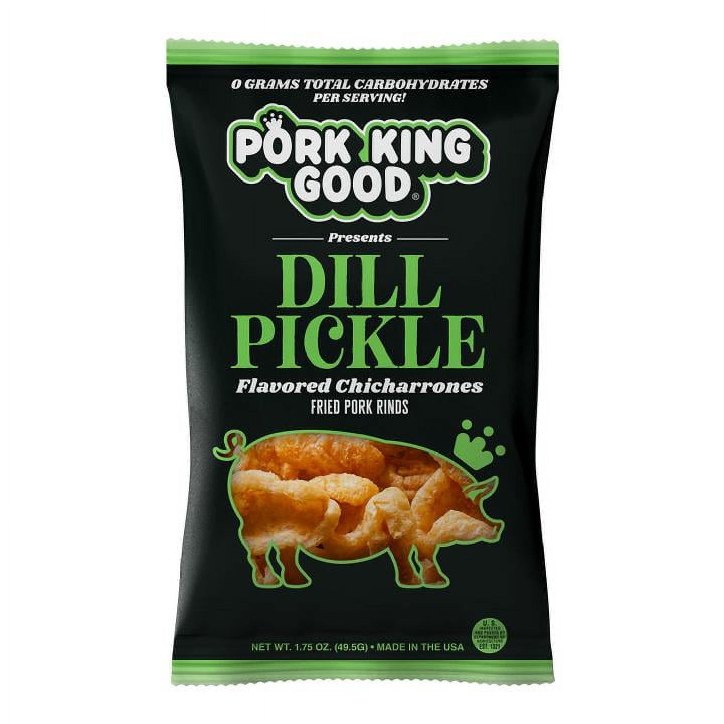 We at Pork King Good can proudly say that we’ve developed the most insanely delicious pork rinds out there, in game-changing flavors that are changing snacking as we know it for good! We’re talking light, salty, crunchy, melt-in-your-mouth whisps of deliciousness. A delicious, zero carb alternative to traditional potato chips! No dilly-dallying over here! If you’re as pickle obsessed as we are, you’ll love the tartness of our Dill Pickle pork rinds - popping with the perfect pickle flavor! With 0g carbohydr