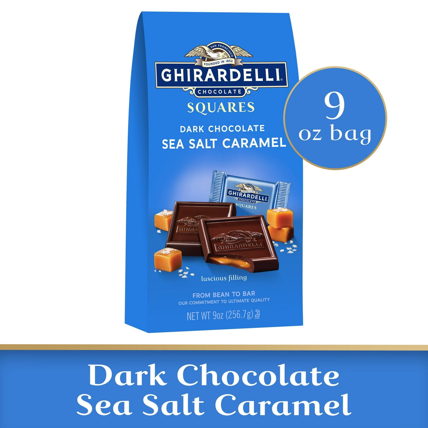 Savor a moment to yourself with GHIRARDELLI Dark Chocolate Sea Salt Caramel squares. This 9-ounce bag of individually wrapped candy squares is perfect for gifting, entertaining and personal enjoyment. Filled with luscious caramel with a touch of sea salt, these slow-melting dark chocolate GHIRARDELLI SQUARES are the perfect treat for any time of day. GHIRARDELLI dark chocolate sea salt caramel squares are individually wrapped, making them ideal to tuck in purses, bags and desk drawers for an afternoon pick-