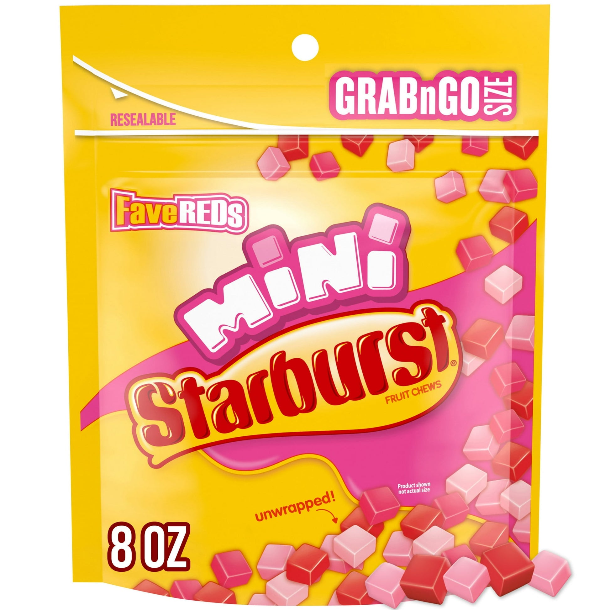 Why do we love tiny things? Because they're absolutely adorable! Just like the classic STARBURST candies you know and love, only smaller and unwrapped, this Grab N Go resealable STARBURST Minis FaveREDs candy bag features the delicious fruit flavors of watermelon, cherry, strawberry and fruit punch chewy candy. Did someone say party time? Your guests will love when you fill your candy buffets, candy dishes and party favors bags with these tiny treats, because you can't have a celebration without candy! Use 