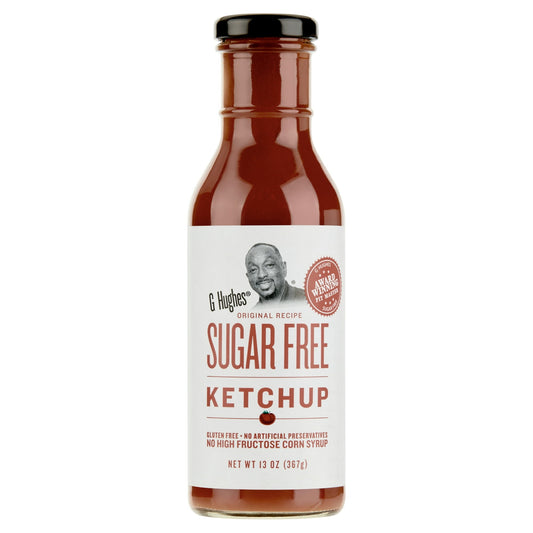 G Hughes Sugar Free Ketchup, 13 oz Bottle, is a delicious and healthier alternative to traditional ketchup, proudly joining the family of signature sauces. This tomato-based table sauce delivers the same rich, tangy flavor you love, but without the added sugar, making it perfect for those looking to reduce their sugar intake. It’s also certified gluten-free, ensuring that it's a safe and tasty option for individuals with gluten sensitivities. Enjoy the classic taste of ketchup guilt-free with G Hughes Sugar