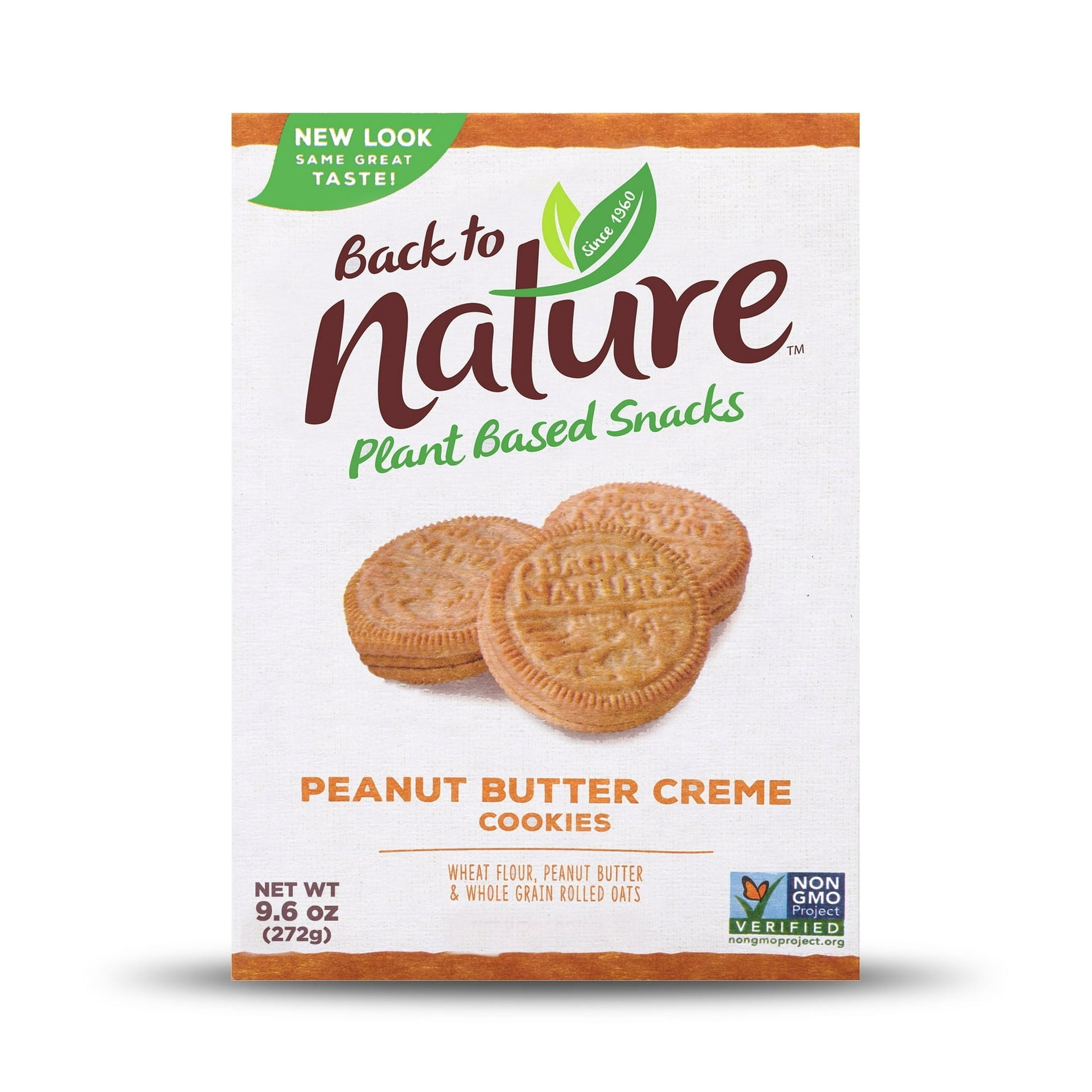 Back to Nature Peanut Butter Creme Cookies are delicious plant based snacks that are inspired by nature and are Non-GMO Project Verified. These cookies feature wheat flour, whole grain oats and velvety peanut butter. Round peanut butter cookies have a creamy filling sandwiched between two tasty, cookie wafers for a satisfying crunch. Back to Nature cookies are kosher and made with no hydrogenated oil and no high fructose corn syrup. Perfect as a dessert or a daytime snack, enjoy a cookie after a delicious m