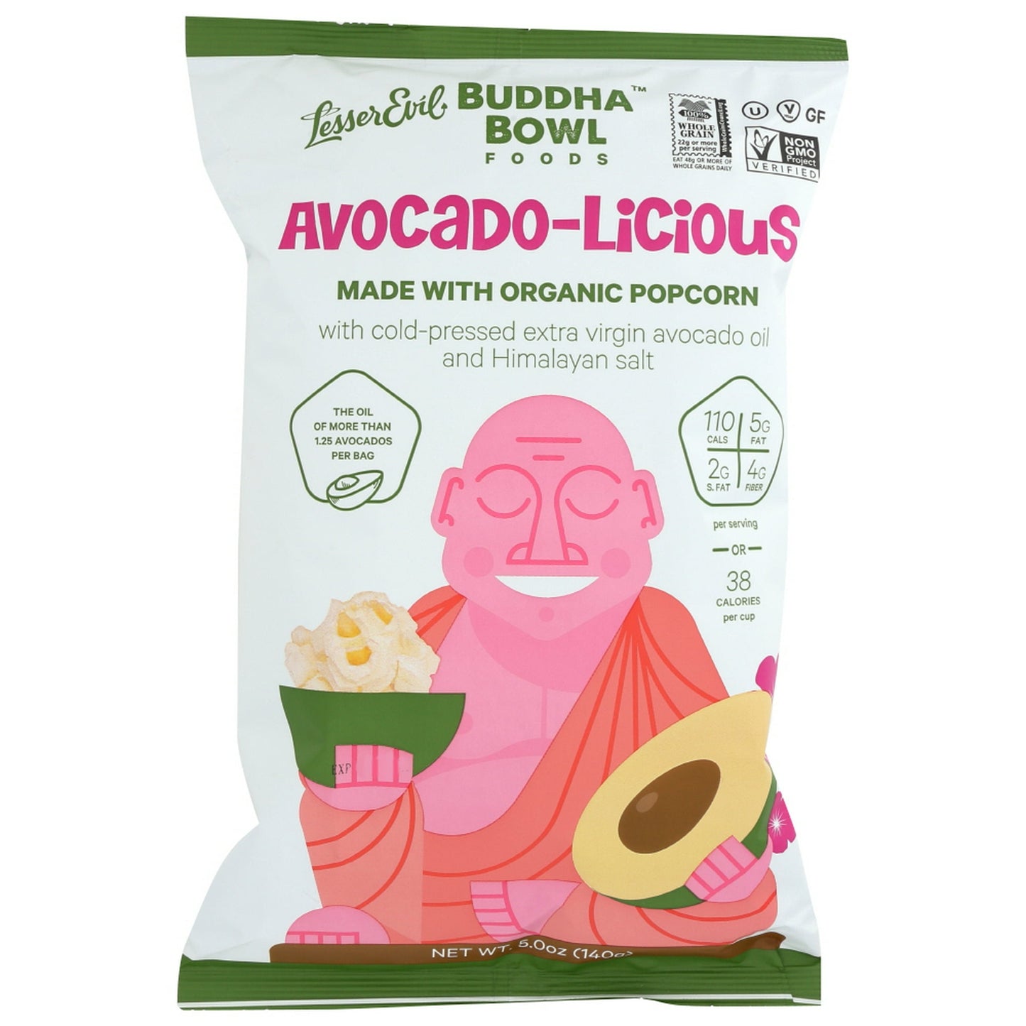 Lesser Evil's Avocado-Licious Popcorn Is Made With Organic Kernels That Are Air-Popped, Sprinkled With Drops Of Avocado Oil And Lightly Dusted With Himalayan Pink Sea Salt From Ancient Deposits. Our Popcorn Is Gluten And Cholesterol Free, Vegan Friendly And Made With The Oil Of 1 And 1/4 Avocados. There Are 120 Calories Per Serving And It All Comes In A 5 Oz. Bag.