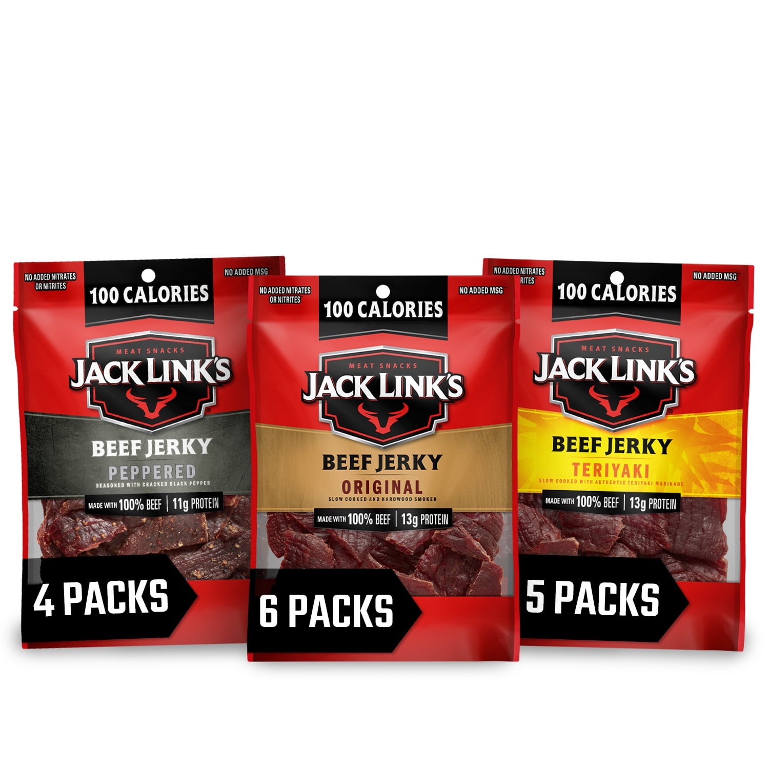 We know your to-do list is hot, that's why we created this bold flavor variety pack of Jack Link's Beef Jerky to help power thru it. These bold flavors hold their own and are even more powerful together. Your new best friend includes: (6) - 1.25oz Original, (5) - 1.25oz Teriyaki , and (4) - 1.25oz Peppered. Plenty of protein in your diet is a key to staying energized and satisfied all day long, and it's never been easier to work protein into your diet than with the Jack Link's Beef Jerky Variety Pack. The s