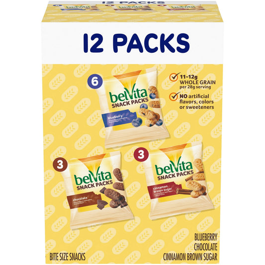 Add a little crunch to your morning with belVita Breakfast Biscuit Bites. Made with wholesome ingredients, these mini biscuits are portioned in convenient snack packs, these breakfast cookies make for instant breakfast bars you can enjoy on the go. With this variety pack, choose from Blueberry, Chocolate, and Cinnamon Brown Sugar mini breakfast bites. Each box contains 12 individual snack packs.