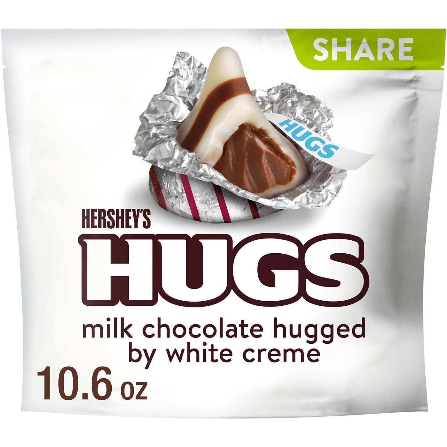 HERSHEY'S HUGS milk chocolate and white creme candies have the milk chocolate taste you know and love hugged by smooth, delectable white creme. Individually wrapped in stunning silver foils with red stripes, these kosher certified treats make the perfect treat to keep at home or in the office. Unwrap them and you'll find even more stripes thanks to the contrast of creamy milk chocolate and white creme. Featured in a share pack, you can fill your candy dishes, lunch boxes and snack drawers with HERSHEY'S HUG