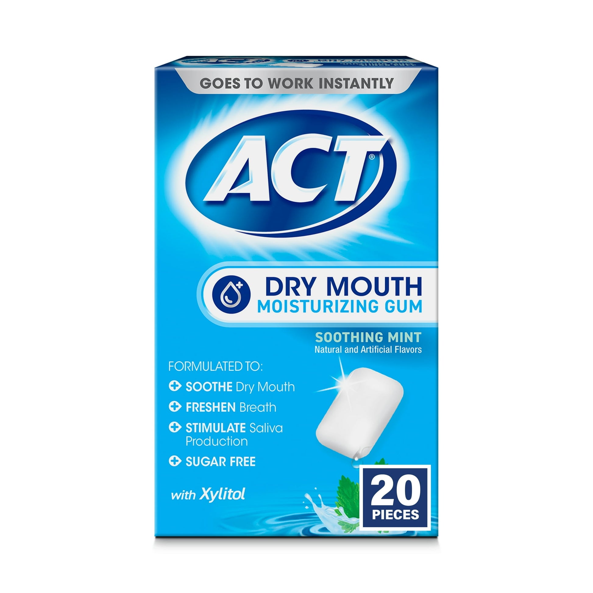 Experience relief from annoying dry-mouth symptoms with ACT Dry Mouth Moisturizing Gum. This alcohol-free, sugar-free chewing gum contains xylitol to help stimulate the flow of saliva and provide soothing relief from dry mouth that can be caused by medication or medical conditions. ACT Dry Mouth Gum is fast acting so you will feel relief instantly from dry mouth symptoms, and each piece features a great-tasting soothing mint flavor that freshens breath and helps fight halitosis. As a bonus, this chewing gum