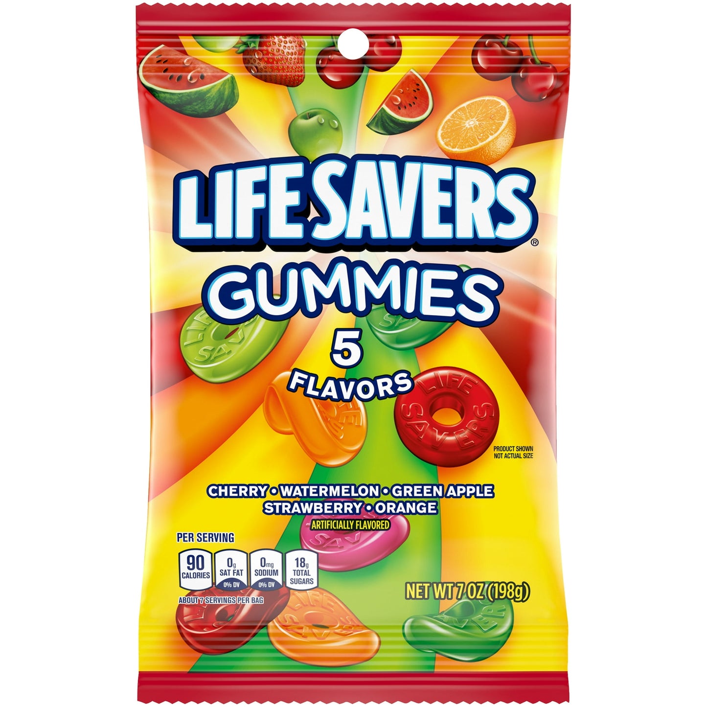 Get ready for a hole-lot of fun with our LIFE SAVERS Gummies Candy. These soft and sweet colorful fruit flavored treats are sure to brighten up your day! This 7-ounce assorted candy bag contains the delicious fruit flavors of cherry, watermelon, green apple, strawberry, and orange. Yum! Your guests will love it when you stock your candy buffets and favor bags with LIFE SAVERS Gummies chewy fruit candy. Need a midday pick me up? When you share a handful of fruity LIFE SAVERS at the office, you'll be everyone