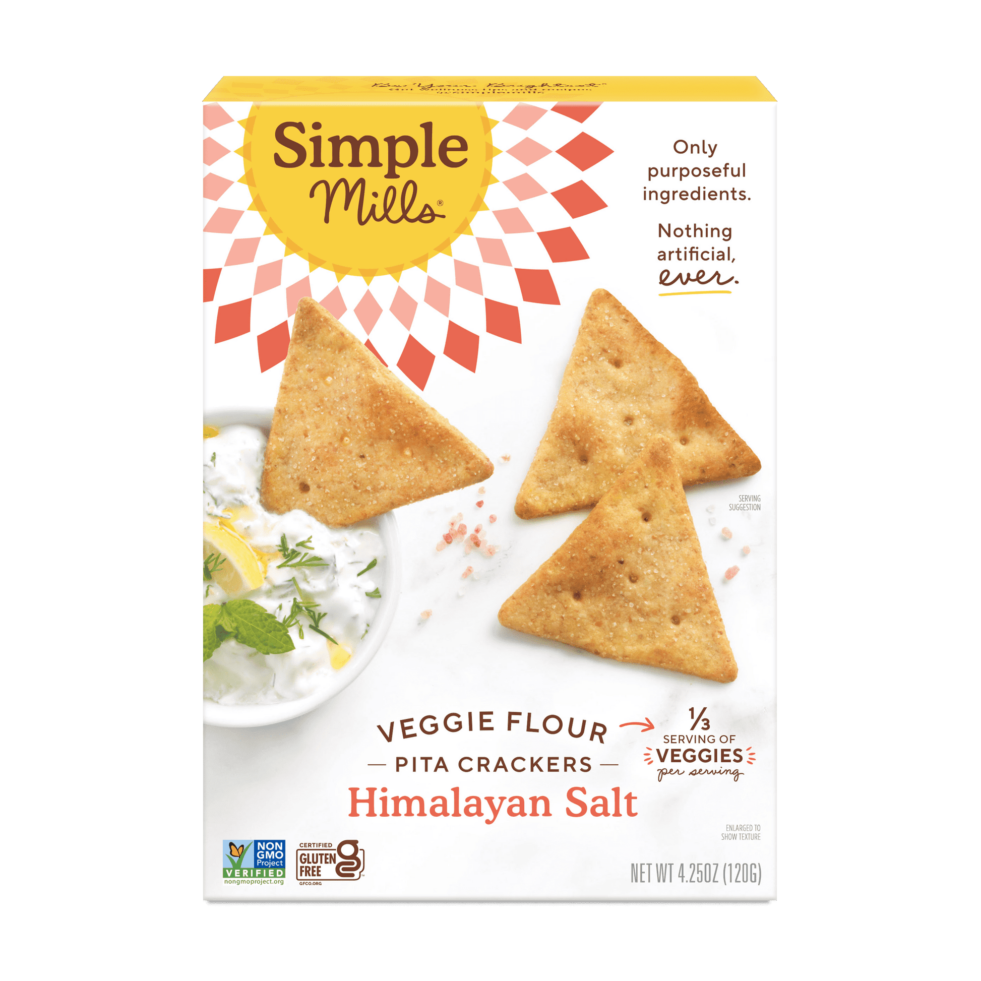 Himalayan salt pita crackers made with simple ingredients. Simple Mills Himalayan Salt Veggie Flour Pita Crackers are made with a vegetable flour blend of sweet potato, parsnip, and celery root and a seed flour blend of sunflower seeds and flax seeds. With a lightly salted flavor, you can enjoy these gluten-free pita crackers on their own or pair with a classic hummus. Baked and never fried, Simple Mills Himalayan Salt Veggie Flour Pita Crackers are delicious and nourishing with one-third serving of vegetab