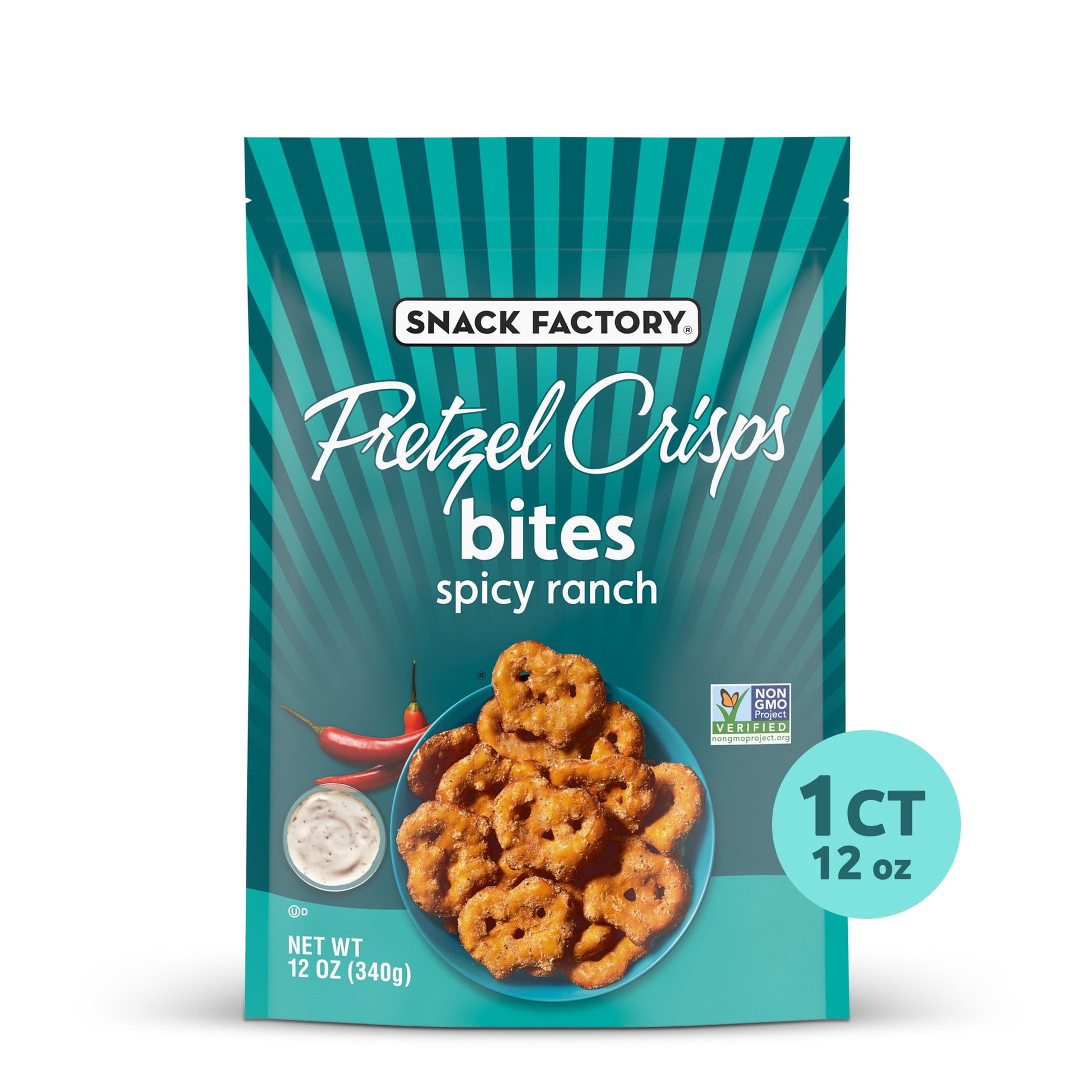 Get a taste of Spicy Ranch Snack Factory Pretzel Crisps Bites. Thin pretzels that are bite-sized, deliciously seasoned and perfectly poppable, right out of the bag. Try these Spicy Ranch pretzels for a flavor-packed snack with a crispy crunch in a resealable 12-oz. bag. At Snack Factory, we reimagine pretzels in new and unexpectedly delicious ways. Snack Factory Bites bring together the crunchiness of pretzels with the thinness of chips for a snack that is deliciously satisfying! These thin and crunchy pret