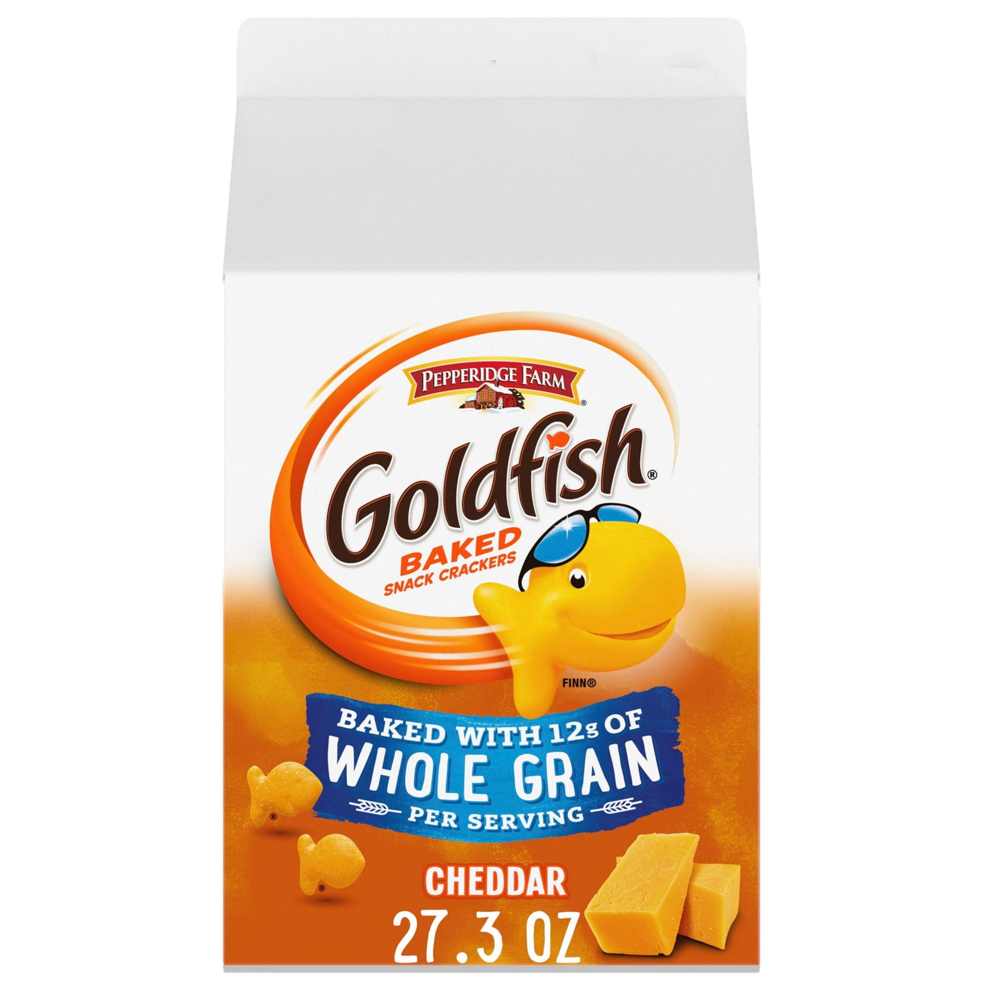 Stock up on a snack the whole family will enjoy with a 27.3 oz carton of Pepperidge Farm Goldfish Cheddar Cheese Crackers Baked with Whole Grain. Everyone will enjoy the fun, fish-shaped snack crackers with a smile. These baked cheese snacks are made with ingredients you can feel good about, including 100% real Cheddar cheese and 12g of whole grain per serving. The fun, bite-sized shape of Goldfish crackers make them the perfect at-home or on-the-go snacks for kids and adults. Crunchy and cheesy with an irr