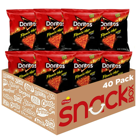 Doritos Flamin' Hot Nacho Flavor Tortilla Snack Chips, 40 Count 1 Ounce Bags. The DORITOS brand is all about boldness. If you’re up to the challenge, grab a bag of DORITOS tortilla chips and get ready to make some memories you won’t soon forget. It’s a bold experience in snacking and beyond. Try these delicious Flamin' Hot Snack Chips from the Doritos Brand, in convenient single serve bags for excellent on-the-go snacking. The container is a cardboard material which contains plastic bags (40 count).