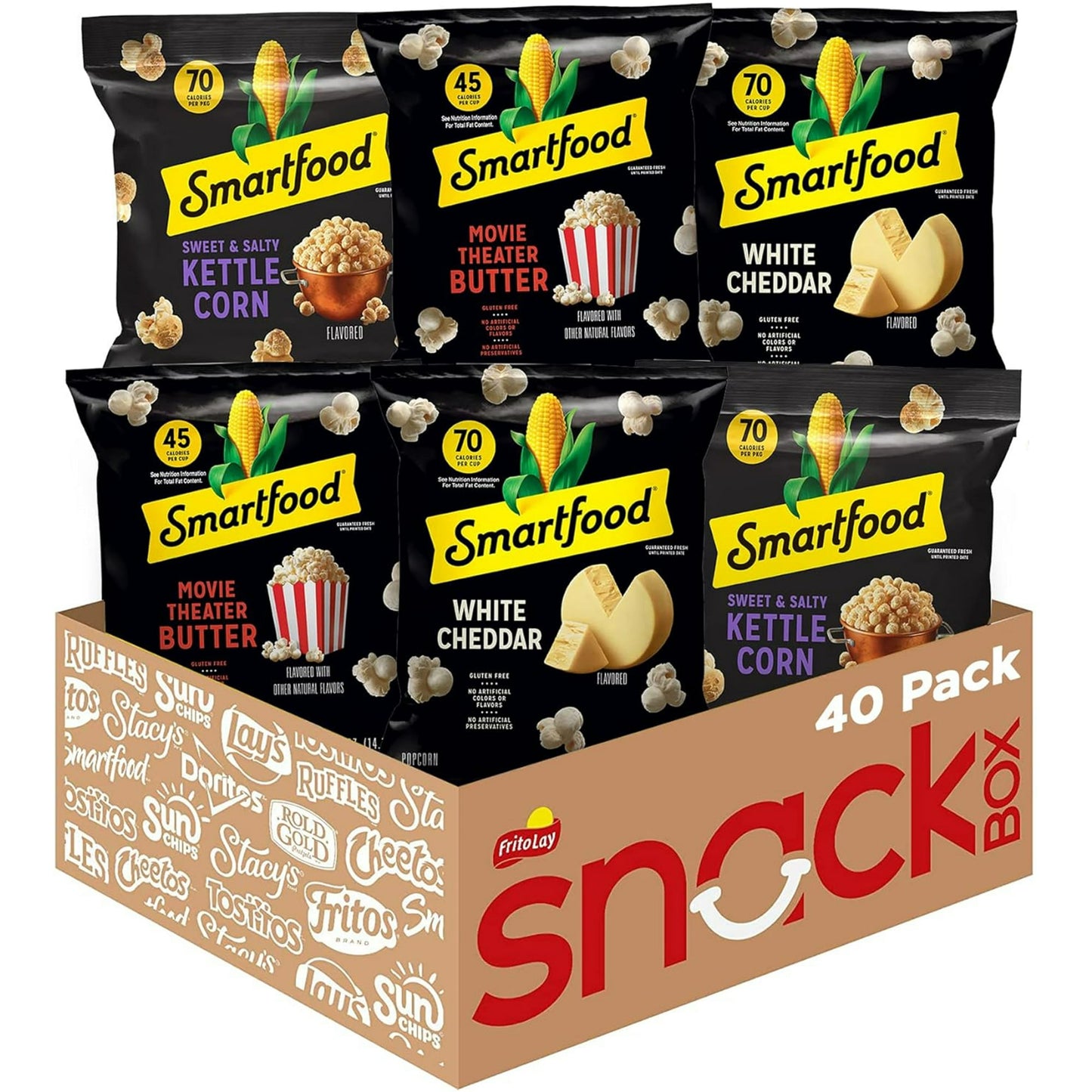 Smartfood Popcorn Variety Pack Kettle Corn, Movie Theater Butter, and White Cheddar Flavored Snack Popcorn, 1 Ounce Bags 40 Count Pack. This pack includes (20) 0.5 oz Bags of White Cheddar popcorn, (12) 0.5 oz bags of Sweet and Salty Kettle Corn, and (8) bags of Movie Theater Butter popcorn. No artificial colors, flavors or preservatives. Fantastic for on-the-go snacking and school lunches. Shelf-Stable. Contains delicious Snack Popcorn. Smartfood Brand. Plastic Bags in a Cardboard Box material.