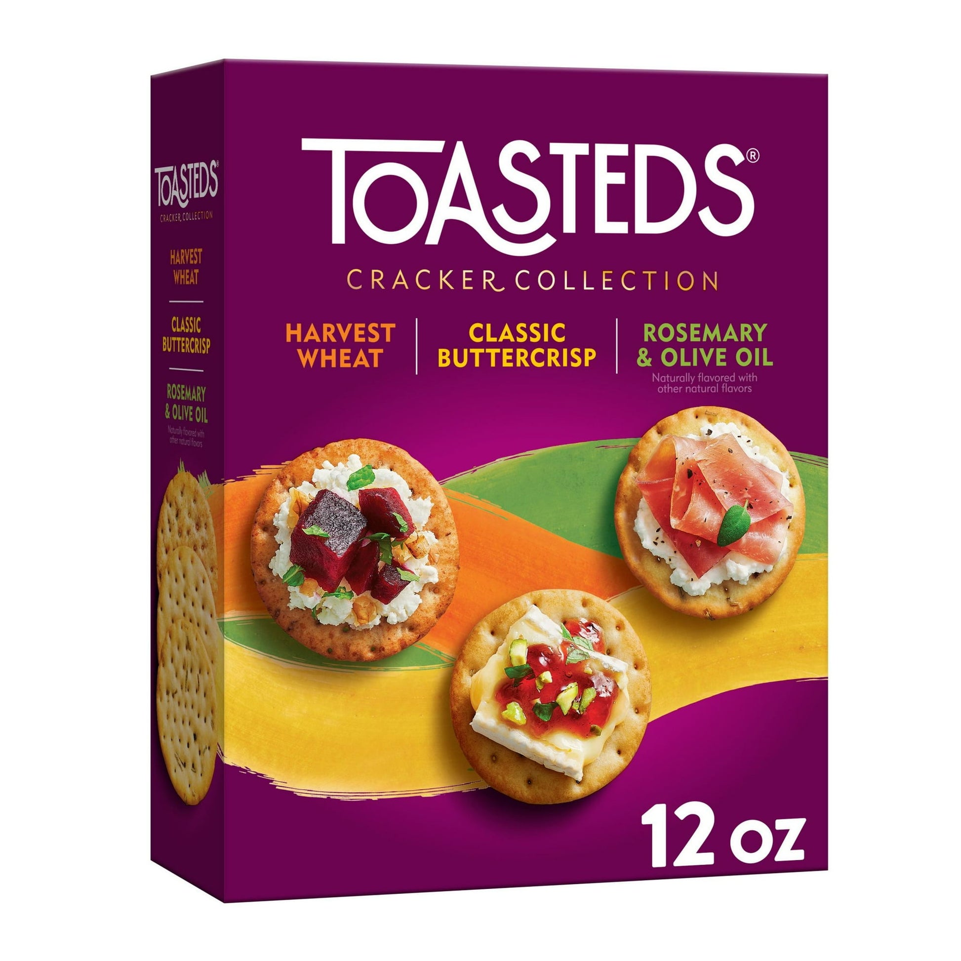 Take your entertaining to the next level with Toasteds crackers. These lightly toasted crackers made with delicious flavors are toasted to perfection. This Toasteds Cracker Collection includes Harvest Wheat, Classic Buttercrisp, and Rosemary and Olive Oil flavors. Made without high fructose corn syrup, these crackers let the quality ingredients speak for themselves. Keep a box on hand to serve guests, enjoy as a quick snack between activities, or bring a touch of sophistication to your work lunch; Toasteds 