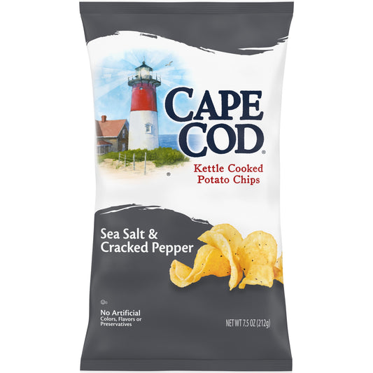 Cape Cod Kettle Cooked Chips created a truly classic flavor profile with the always perfect pairing of Sea Salt & Cracked Pepper. Finding the perfect balance of flavor means we take choice potatoes and slice them perfectly, cooking them in custom kettles, one small batch at a time. Doing so at precisely the right temperature allows them to reach a golden-amber hue. Next, they’re perfectly seasoned with sea salt and the bite of that cracked black pepper for satisfying flavor. Unique shapes and folds mean one