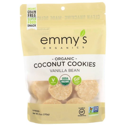 EMMY'S ORGANICS VANILLA BEAN COCONUT COOKIES FEATURE A SMOOTH VANILLA FLAVOR ROUNDED OUT BY THE ESSENCE OF FRESHLY-GROUND ALMONDS, COLD-PRESSED COCONUT OIL AND REAL VANILLA BEAN. OUR NON-GMO VERIFIED COOKIES ARE A GLUTEN-FREE SUPERFOOD SNACK THAT TASTES GREAT. EACH ENERGY-ENHANCING SERVING CONTAINS 100 CALORIES. OUR COOKIES ARE VEGAN-CERTIFIED AND SUITABLE FOR PALEO DIETS. INCLUDES ONE 6 OZ. BAG OF EMMY'S ORGANICS VANILLA BEAN COCONUT COOKIES. SEE NUTRITION FACTS PANEL FOR ALLERGENS. EMMY'S IS A HOMEGROWN, 