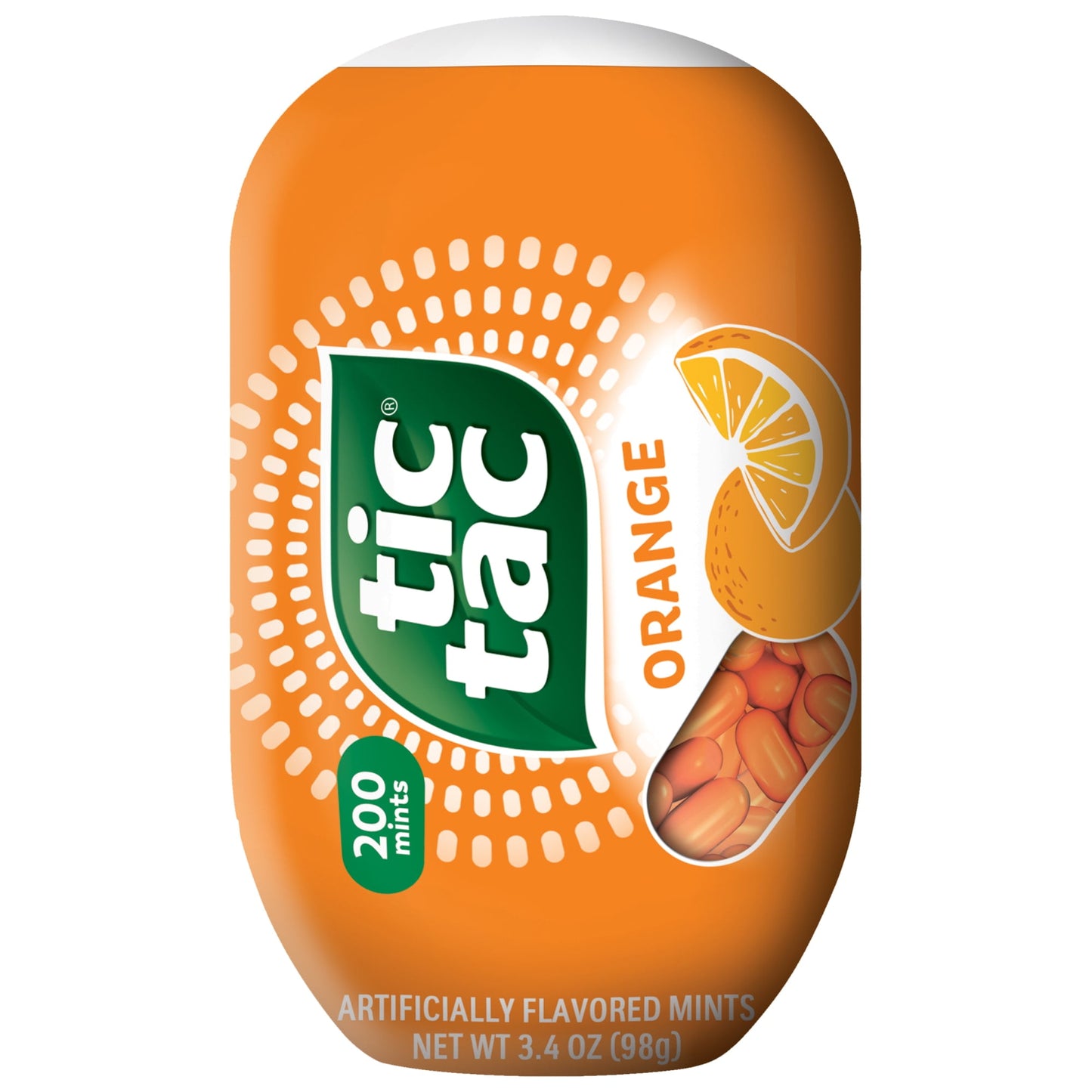 Enjoy the fun, fruity taste of Tic Tac orange flavored mints. Each 3.4-ounce pack is filled with delicious mints ready to boost your confidence and refresh your day. Enjoy 100 layers of satisfying and delicious flavor in each mint in this pack of Tic Tac orange flavored mints. The pack fits perfectly in your pocket or purse for on-the-go sharing. These gluten-free mints are satisfying and GMO-free! Whether you enjoy one or the whole pack, you've got a variety of flavors and sizes to choose from.