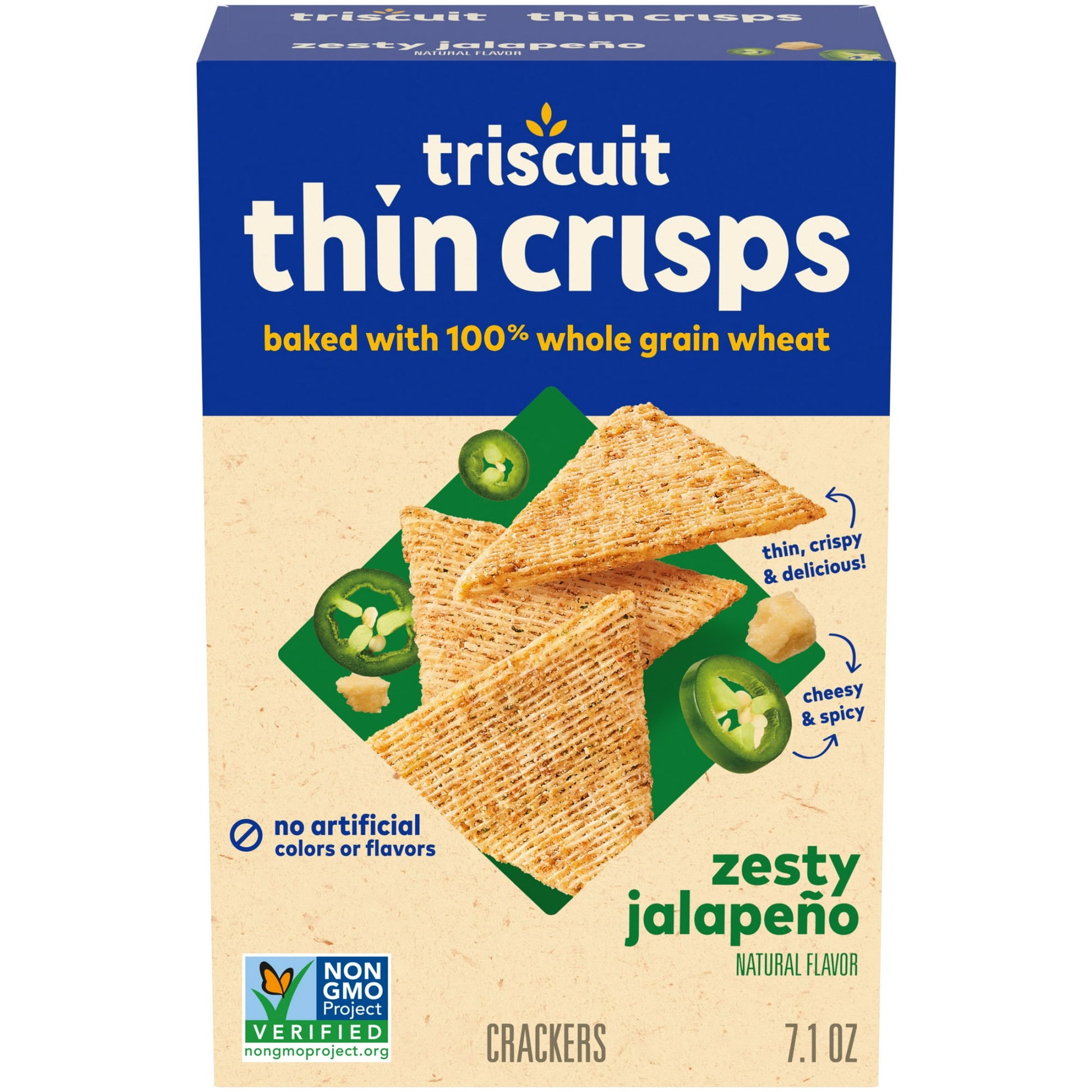 Triscuit Thin Crisps Zesty Jalapeno Whole Grain Wheat Crackers are made simply with quality ingredients. Baked to perfection, these snack crackers use 100% whole grain wheat proudly grown in the USA and sunflower oil. These crackers have their signature woven texture, are Kosher, Non-GMO, have no artificial colors or flavors and are a good source of dietary fiber (see nutritional information for fat content).