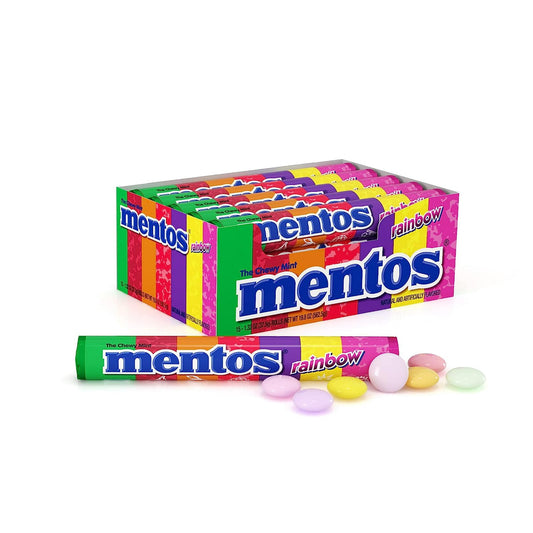 Each box contains 15 Mentos Fruit Chewy Rainbow Candy Rolls. Each 1.32 ounce roll includes 14 pieces of Mentos Rainbow fruit flavored Chewy Mint candy. The hard outer shell of these refreshing fruit Mentos dissolves in your mouth, revealing the chewy candy inside. Rainbow fruit flavors including strawberry, watermelon, cherry, orange, raspberry, grape and pineapple. Perfect colorful mint candy for the office, baby shower favors, wedding candy and events! Peanut and tree nut free.