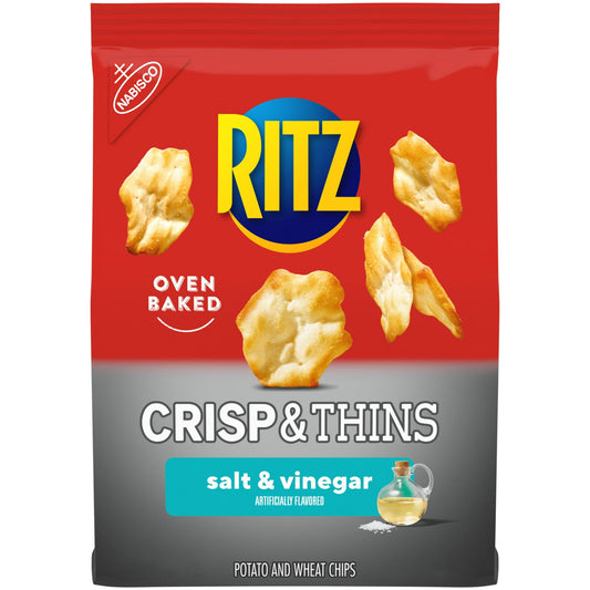 RITZ Crisp and Thins Salt and Vinegar Potato and Wheat Chips are light chips that are oven baked, not fried, with a crispy, thin shape and an irresistible crunch. These potato and wheat chips contain 50 percent less fat than the leading regular fried potato chips. Pack these snack chips in lunchboxes for a crunchy companion to sandwiches, or add them to your snack food shelf as a tasty after school treat. Serve these salt and vinegar chips alongside other shareable foods or by themselves for a light and air