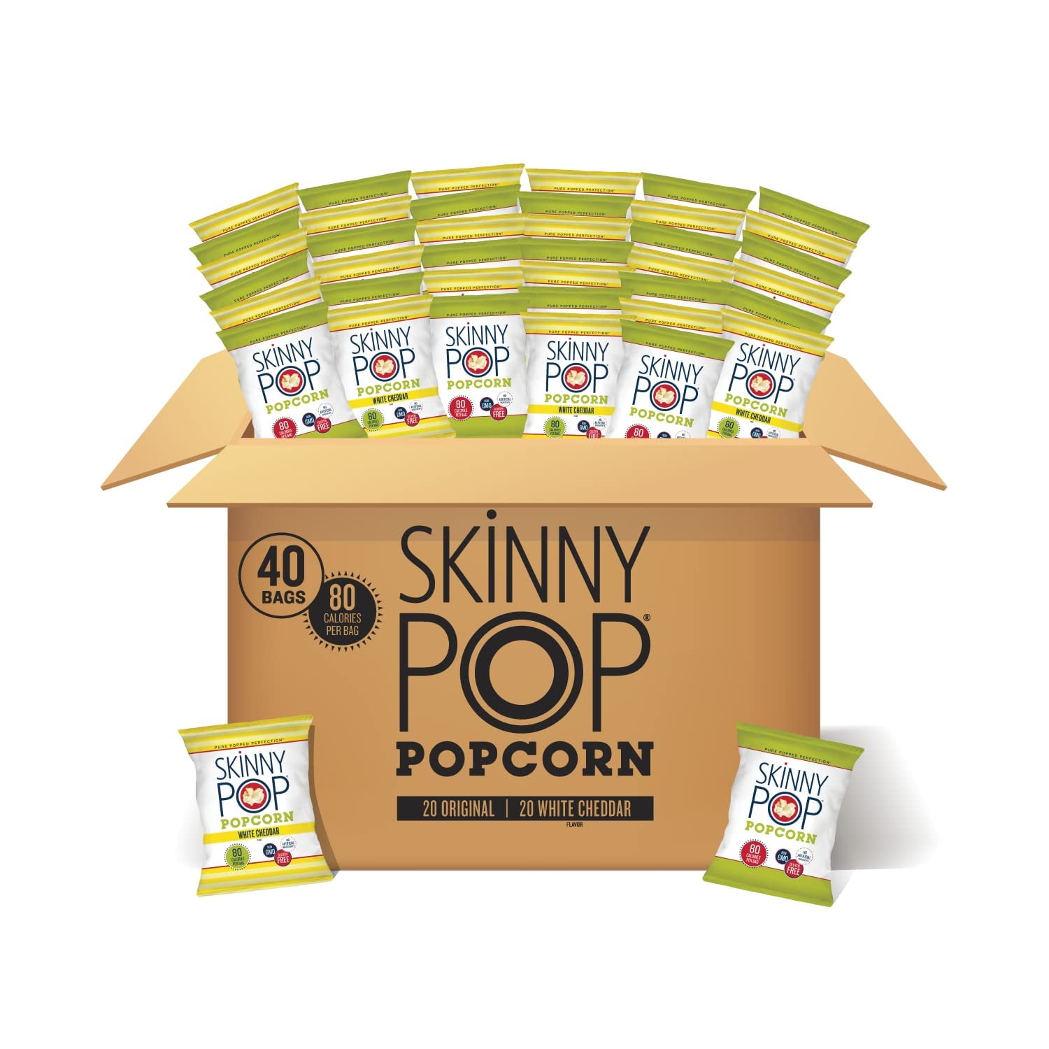 Everyone loves a bit of variety with their snacks, especially when they combine two all-time favorite flavors in one pack! SkinnyPop Original and White Cheddar Popcorn Variety Packs are perfect for classroom snacks, kids' lunch snacks, and movie nights. This SkinnyPop Popcorn Variety Snack Pack contains 40 individual snack-sized bags - 20 Original Popcorn (.5oz) bags and 20 Dairy-Free White Cheddar (.5oz) bags. SkinnyPop starts with a premium popcorn kernel, sunflower oil, and the perfect amount of salt. Fr