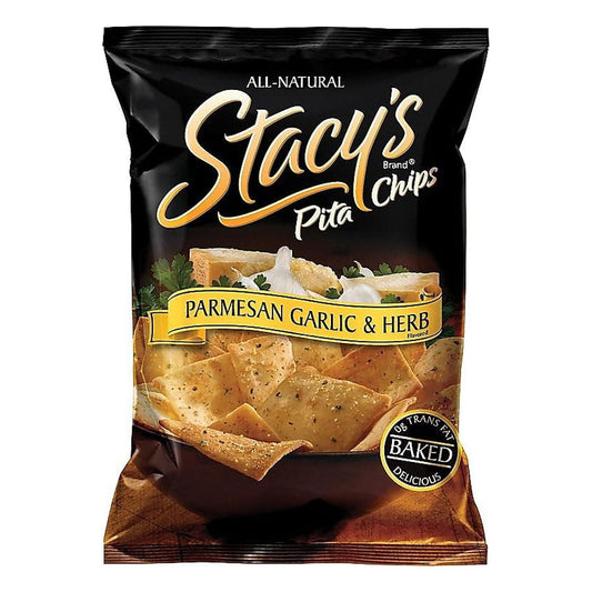 Provide a healthy alternative to potato chips with these flavorful Stacy's parmesan garlic and herb pita chips. Enjoy these chips that are baked with real pita bread for 14 hours to create a crunchy texture. These chips are sliced thinly for the perfect crispiness and then seasoned with parsley, garlic, and real parmesan cheese to provide a delicious snack food for breakrooms or staff kitchens. Stacy's pita chips come in portable, 1.5-ounce bags for lunches, special trips or work activities. • Chips are del