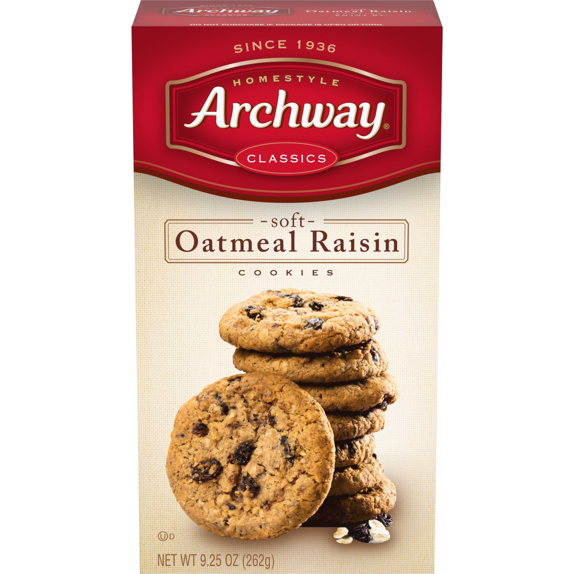 Juicy raisins in a classic oatmeal batter give you Archways Oatmeal Raisin cookies a mouthwatering homestyle treat. Thick and rich, this is a classic Archway cookie you'll know by the sweet aroma when you first open up the package. Since 1936, Archway Cookies have been winning the hearts of cookies lovers. Known for our home-style goodness, we strive to deliver high quality, highly enjoyable cookies with the ability to bring on nostalgic memories every single day. Shelf-stable product.