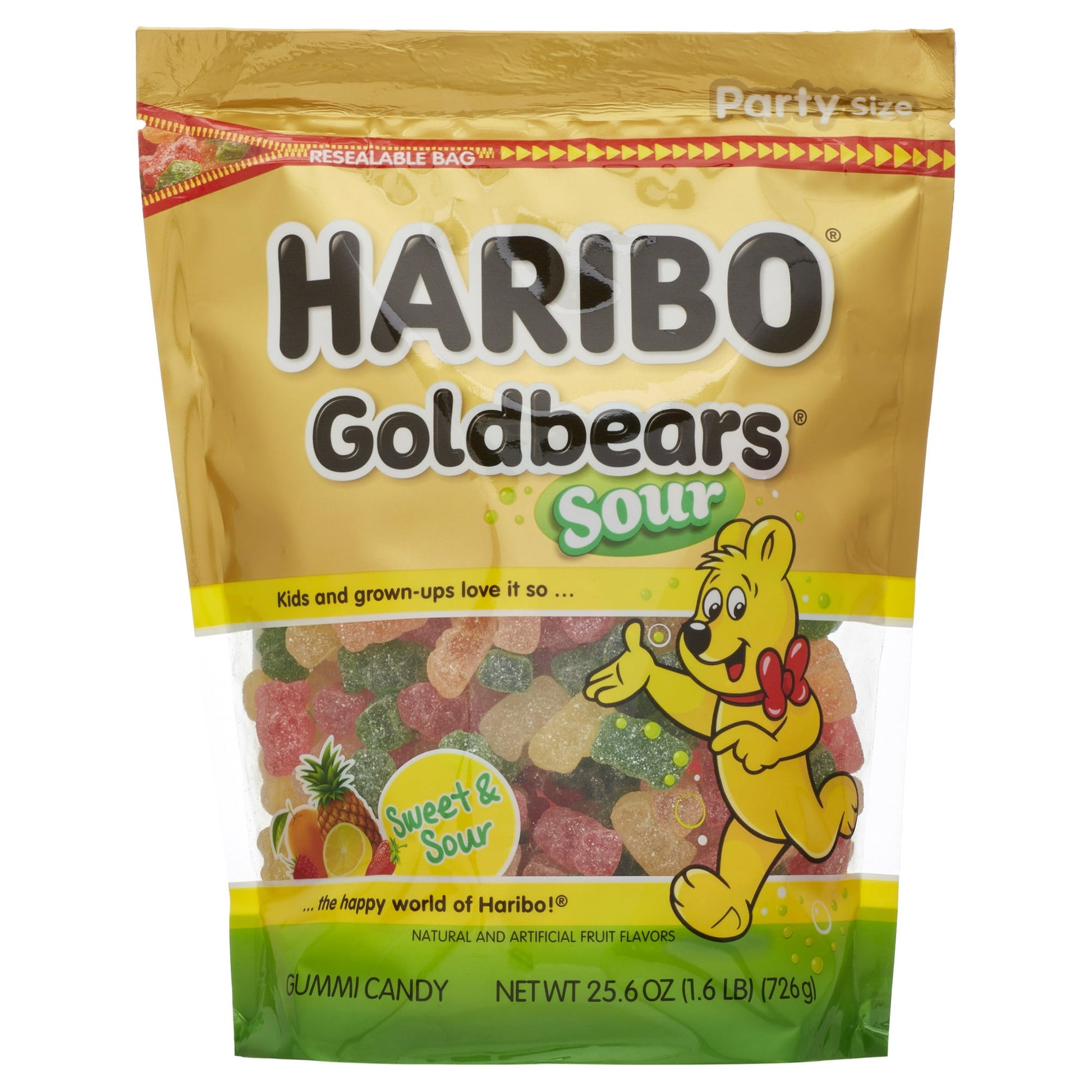 HARIBO Gold-Bears Sour Party Size, Pack of 1, 25.6 oz Stand up Bag., Satisfy your snack cravings at any time with this Gold Bear Haribo Gummi Candy. It's America's number-one selling brand with a little twist. Enjoy this gummi bears candy with a mildly sour, tangy coating. There are five tasty flavors to choose from. Kids and grown-ups both love them, making it fun to share when watching a movie or television show. These original gummy bears come in a 25.6- oz party size.