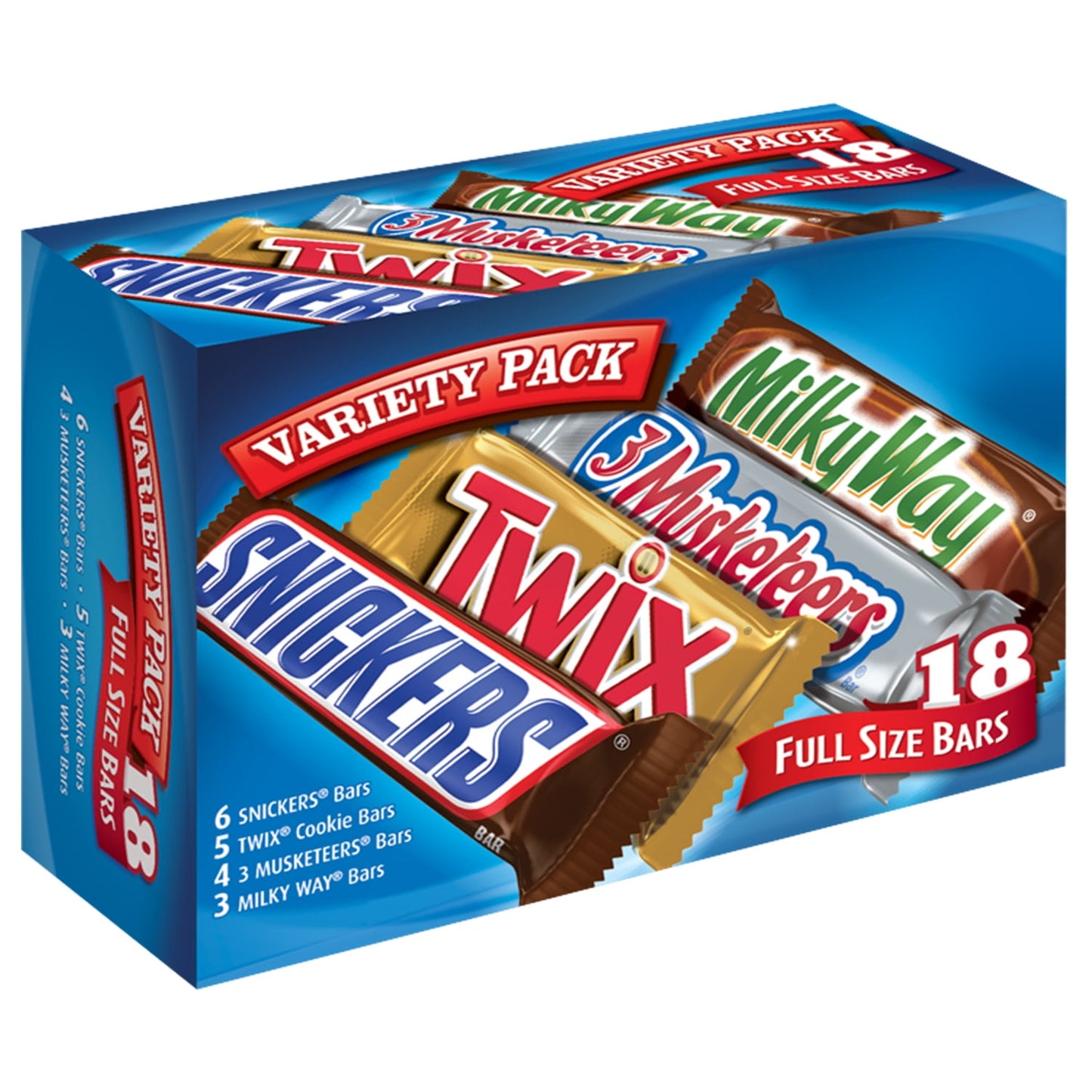 Keep your guests smiling and satisfied with a variety pack of SNICKERS Milk Chocolate Bars, TWIX Caramel Chocolate Bars, MILKY WAY Milk Chocolate Bars and 3 MUSKETEERS Milk Chocolate Bars Bulk Candy Assortment. Put these individually wrapped assorted chocolates out in a bowl during a movie or sporting event, pack them in school lunches or fill up the office candy bowl to give co-workers a treat. This 18 full-sized candy bars of assorted chocolates features individually wrapped, bite-size SNICKERS, TWIX, 3 M