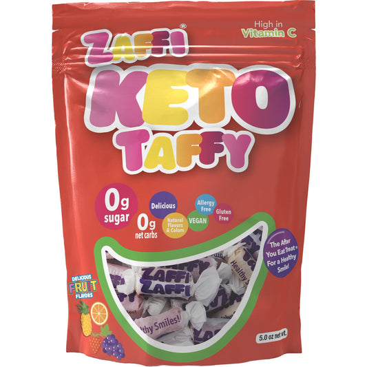 Delicious Keto Vegan Allergy-Free Natural Flavors & Colors The After You Eat Treat® For a Healthy Smile! Sugar Wise Certified Sugar Free Approx. 24 Pieces per bag. Created by Kidpreneur, Lola Morse, who asked "Why can't we make delicious chewy taffy that doesn't stick to, and is good for your teeth?" And, Zaffi® KETO Taffy were born. Zaffi KETO Taffy are no ordinary taffy, they are supercharged with Erythritol, and other smile friendly natural ingredients. Zaffi KETO Taffy are the After You Eat Treat® for a