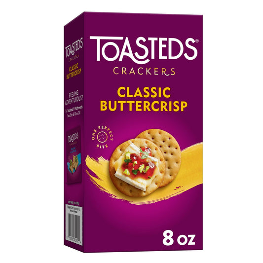 Take your entertaining to the next level with Toasteds Classic Buttercrisp crackers. These lightly toasted crackers bring that classic buttercrisp flavor and are toasted to perfection. Made without high fructose corn syrup, these crackers let the quality ingredients speak for themselves. Keep a box on hand to serve guests, enjoy as a quick snack between activities, or bring a touch of sophistication to your work lunch; Toasteds make a sophisticated addition to gatherings, no matter how impromptu. Next time 