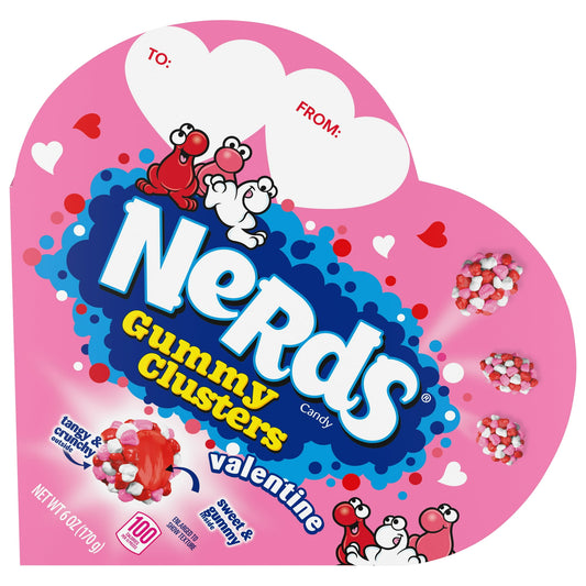 Nerds Candy Valentine Gummy Clusters in a Novelty Heart Box, with 6 ounces of multi-colored, cherry and punch-flavored Nerds Gummy Clusters to make your Valentine feel extra special! Allergens: This product was manufactured in a facility where milk, eggs, tree nuts, peanuts, wheat, and soy are used in the production of other products.