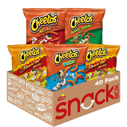 CHEETOS snacks are the much-loved cheesy treats that are fun for the whole family. You just can't eat a CHEETOS snack without licking the "cheetle" off your fingertips. And wherever the CHEETOS brand and CHESTER CHEETAH go, cheesy smiles are sure to follow. 40 Count of your Cheetos Favorites: 10 Count of 1 oz. bags of Cheetos Crunchy, 10 count of 1 oz. bags of Cheetos Crunchy Flamin’ Hot, 10 count of 1 oz. bags of Cheetos Crunchy Jalapeno Cheddar, and 10 count of 0.875 oz. bag of Cheetos Jumbo Puffs. Shelf-