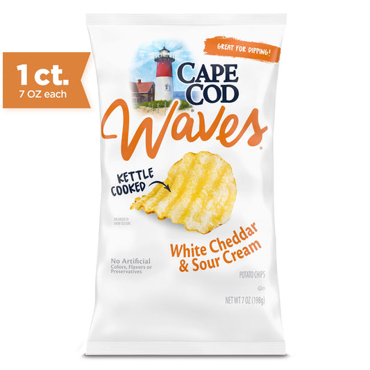 Cape Cod Waves White Cheddar & Sour Cream Kettle Cooked Chips are making waves. We start with carefully selected potatoes and slice them thick, in a wavy cut with deep ridges. They’re cooked one, small batch at a time in custom kettles until they reach a golden-amber hue. Finally, they’re deliciously finished with a perfect blend of cheddar and a hint of sour cream for extra richness. The result is a sturdy ridged chip that is hearty as it is delicious. The unique wavy shape of these kettle cooked chips is 