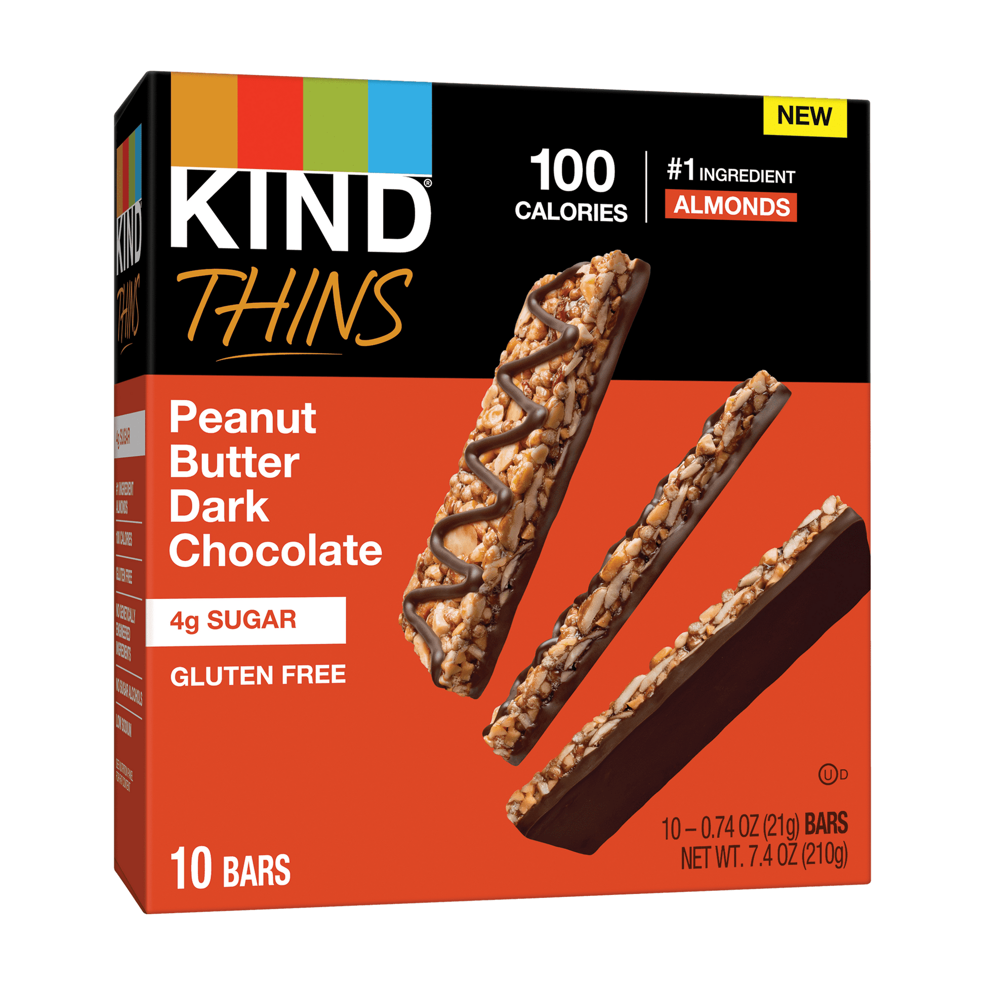 The great taste and ingredients of a KIND bar, now with a slimmer shape! NEW KIND Thins are made with #1 ingredient almonds, all have 100 calories or less per bar, 4g of sugar and are gluten free. The thin layer of sliced and diced nuts is paired with a sweet chocolatey or caramel coating layered on the bottom and finished with a drizzle on top for a rich and indulgent thin bar experience. The dynamic duo are at it again- creamy peanut butter and rich dark chocolate make the perfect pairing in this bar. The