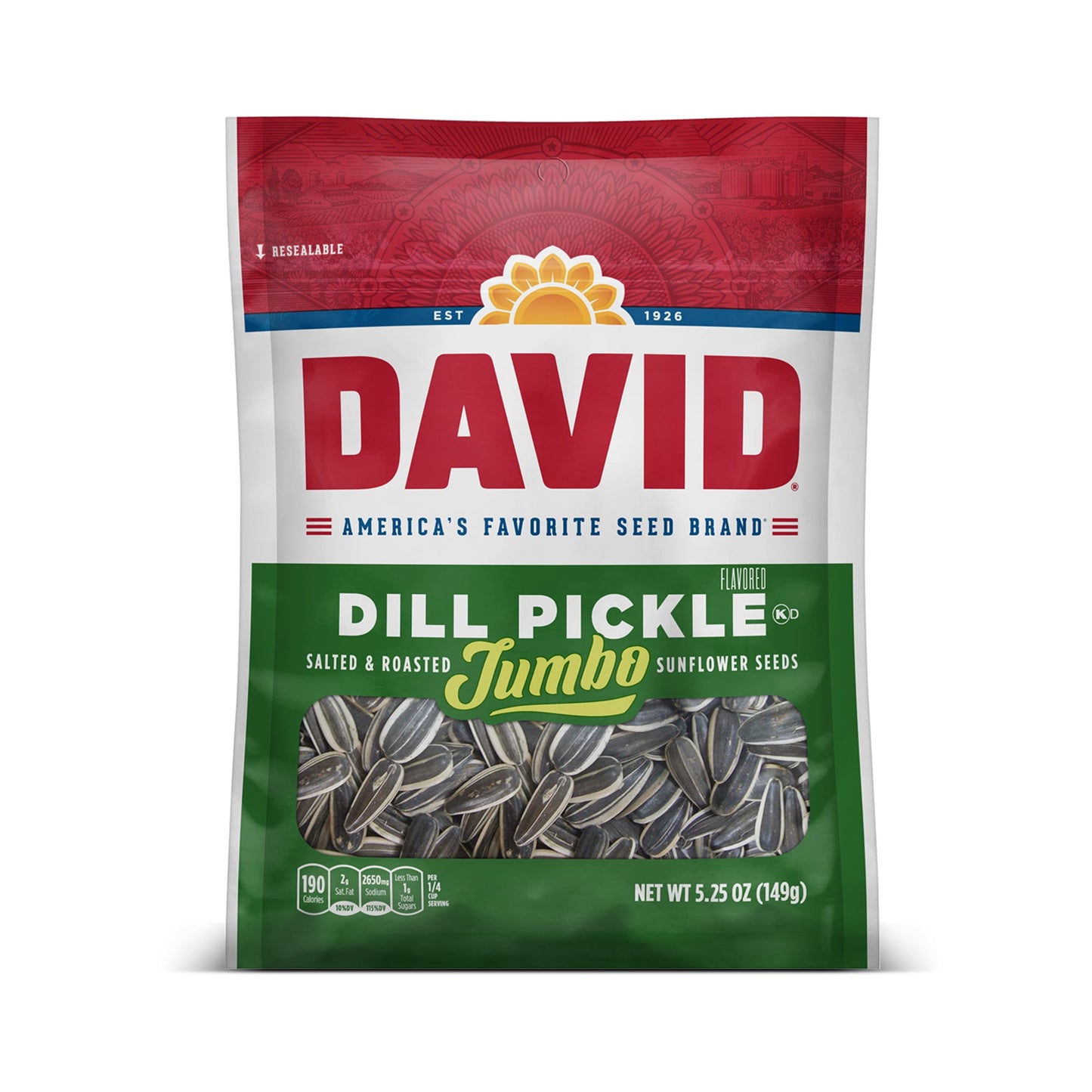 Grab a bag of DAVID Dill Pickle Jumbo Sunflower Seeds for a satisfying snack to help you stay in the game when every minute counts. Snack on these satisfyingly-crunchy and salty sunflower seeds whenever hunger strikes. Each 5.25 oz Pack contains about 2 servings, with 190 calories, 7 grams of protein, and 2 grams of fiber, as well as 10% of your daily allowance of Vitamin E, 25% of phosphorus, and 25% of magnesium per serving. Since 1926, DAVID Seeds provides a quality difference that you can taste with sel