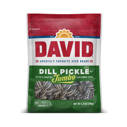 Grab a bag of DAVID Dill Pickle Jumbo Sunflower Seeds for a satisfying snack to help you stay in the game when every minute counts. Snack on these satisfyingly-crunchy and salty sunflower seeds whenever hunger strikes. Each 5.25 oz Pack contains about 2 servings, with 190 calories, 7 grams of protein, and 2 grams of fiber, as well as 10% of your daily allowance of Vitamin E, 25% of phosphorus, and 25% of magnesium per serving. Since 1926, DAVID Seeds provides a quality difference that you can taste with sel