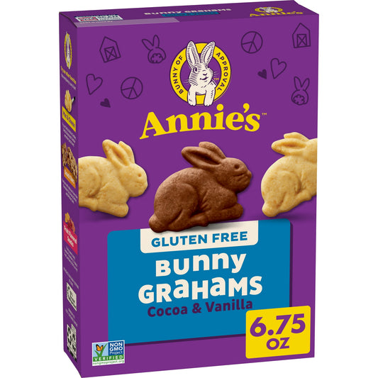 Annie's Gluten Free Bunny Cocoa and Vanilla Graham Crackers are made with delicious ingredients including white flour, and yellow corn flour. These bunny-shaped cookies are an irresistible addition to lunch boxes or after school snacks. Our crunchy, gluten free cookies contain no artificial flavors or synthetic colors. These bunny cookie snacks are tasty and wholesome, and provide a convenient snack option for kids and everybunny in your household. Our gluten-free Bunny Cookies are a delicious option for sn