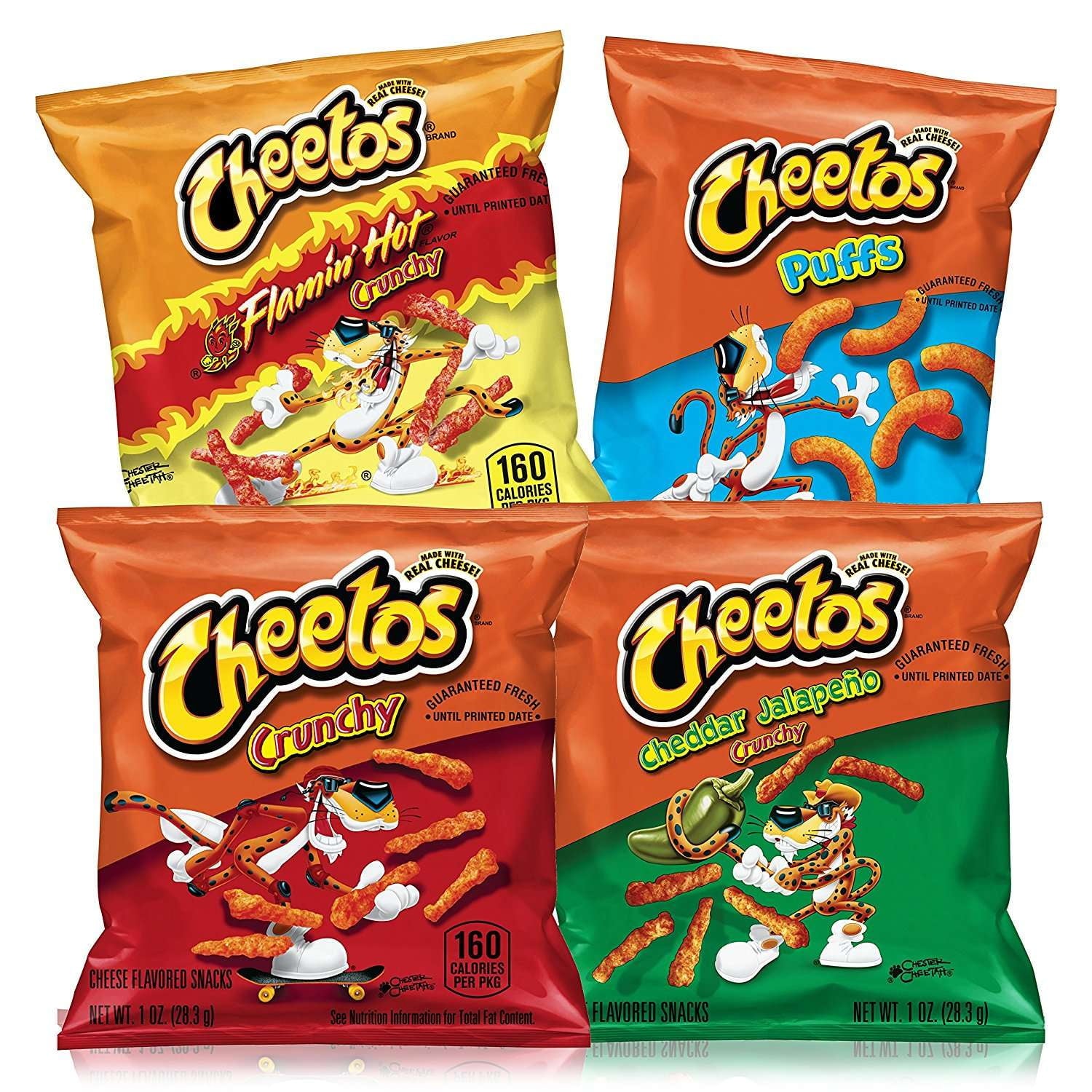 40 count with 10 of each of these cheesy Cheetos flavors: Crunchy, Crunchy Flamin' Hot, Crunchy Jalapeno Cheddar and Jumbo Puffs Enjoy a variety of flavors and textures in this 40 pack of single serve Cheetos snack bags/li> These much loved cheesy treats are fun to enjoy at lunch, as an after-school snack, or party refreshment