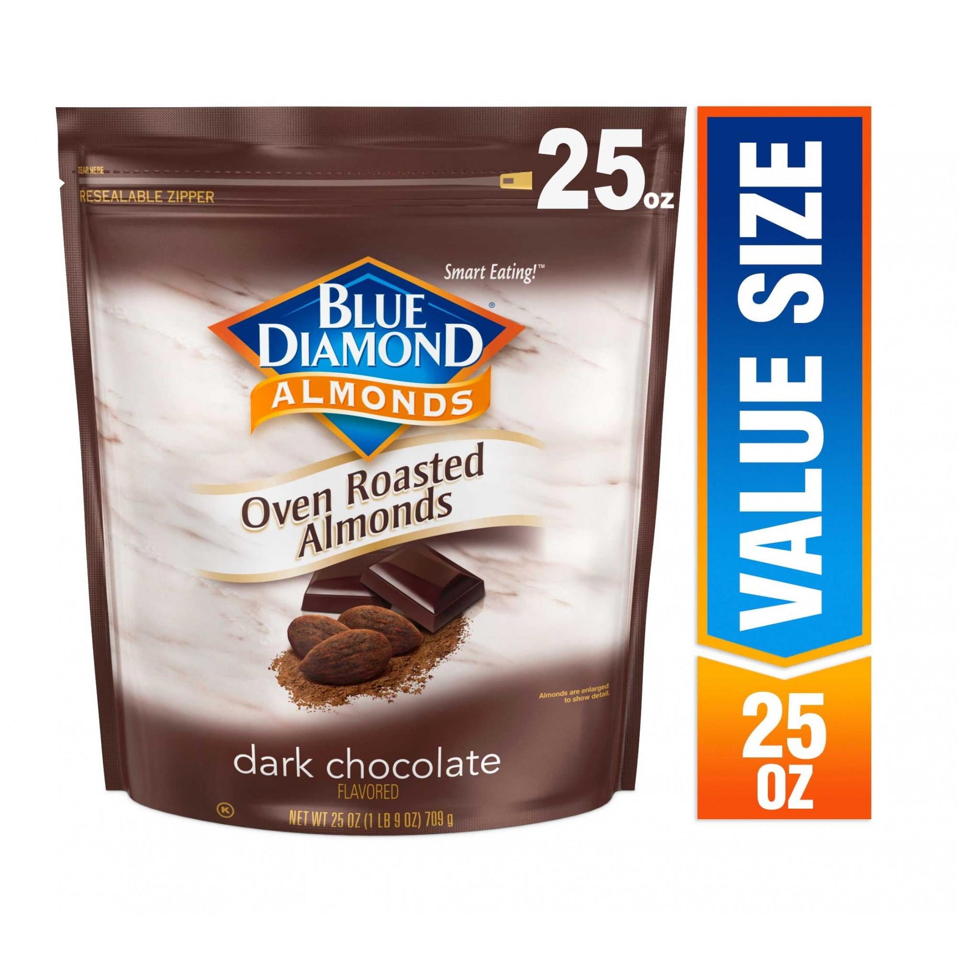 Snack joyfully with Oven Roasted Dark Chocolate Blue Diamond Almonds. It's not easy to turn off your chocolate cravings and give up sweets. With cocoa roasted almonds from Blue Diamond, you don't have to. These heart-healthy snacks are packed with vitamin E, protein and dietary fiber, and contain no trans fat or cholesterol. The sweet treats start with real California almonds, oven-roasted to perfection and then liberally dusted with real cocoa powder, a sprinkling of sugar and a hint of sea salt for a dele