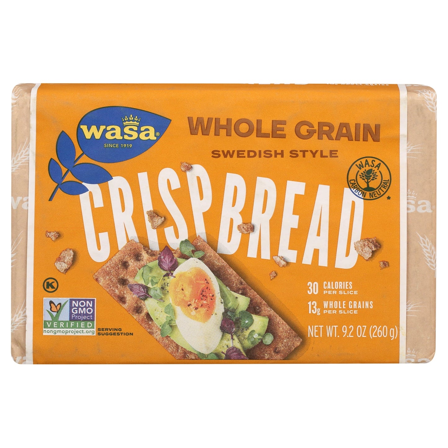 Wasa crispbread whole grain is made with non-GMO, all-natural whole grains. Every 9.2 oz. A package of wasa whole grain toast is free of cholesterol, sugars and fat. Featuring rye flour, a 1-slice serving of whole grain delivers 1 gram of protein, 2 grams of insoluble fiber and 13 grams of whole grains. Wasa crispbreads are a low-calorie, low-sodium snack. See the nutrition facts panel for allergens.