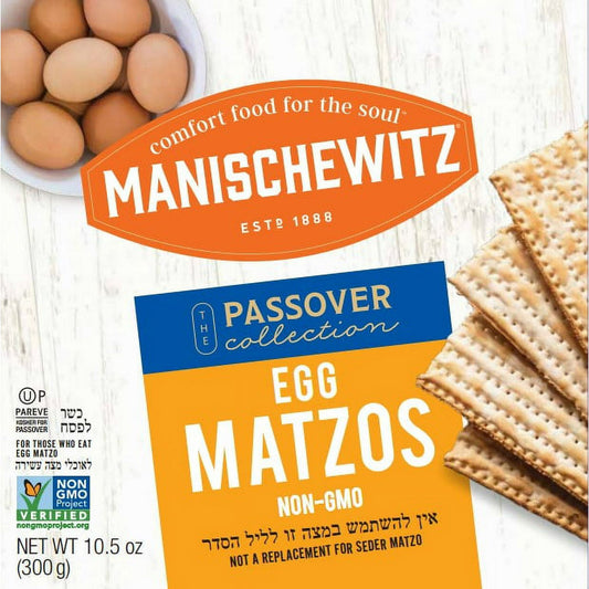 Manischewitz Passover Egg Matzo, 10.5 oz is a simply good, delicious crisp egg matzo expertly made with just three ingredients: Wheat Flour, Apple Juice and Eggs. This egg matzo is versatile, you can enjoy it with your favorite topping, dunk into your favorite dip or simply munch on a delicious lightly sweet and airy cracker. This Egg matzo is kosher for Passover. We are sure you will enjoy this tasty Passover Egg Matzo.