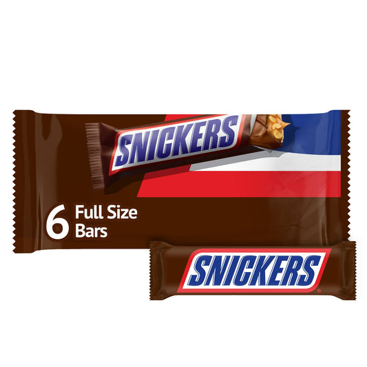 Packed full of peanuts, caramel and nougat cloaked in creamy milk chocolate, Snickers Full Size Candy Bars help satisfy hanger. Stock up on Full Size candy satisfaction with this six-count SNICKERS Full Size candy bar pack. Fill the pantry at home or in the office with peanut-packed chocolate candy treats. They're great packed together with lunches, as a work time pick-me-up or simply enjoyed as a dessert. With six Full Size bars in each pack, you'll have plenty to satisfy your sweet tooth and share with fr