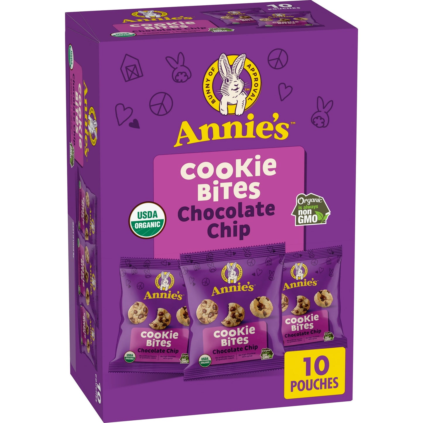 Annie's Chocolate Chip Cookie Bites are the little cookies that are big on taste, fun, and chocolatey goodness! With real, organic chocolate chips and bite-size yumminess, kids and adults will come hopping to devour these scrumptious sweet treats. Best of all, they don't contain any high fructose corn syrup, artificial flavors, or synthetic colors. They're also non-GMO and certified USDA Organic. These bite-size treats are the perfect addition to lunches and snack bags for kids and teenagers alike! Grab a b