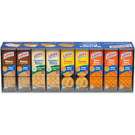 These assorted sandwich crackers and cookies make a wonderful anytime snack. They feature a delicious blend of quality ingredients that deliver a full, rich flavor. Stock your pantry or office with this 36-count pack- these individual size cracker packs are ideal for packing in a lunch box, gym bag, desk, or travel bag for a satisfying snack anytime or anywhere. Flavors include: ToastChee Peanut Butter, Toasty Peanut Butter, Captain's Wafers Cream Cheese and Chives, Nekot Peanut Butter. At Lance, sandwiches