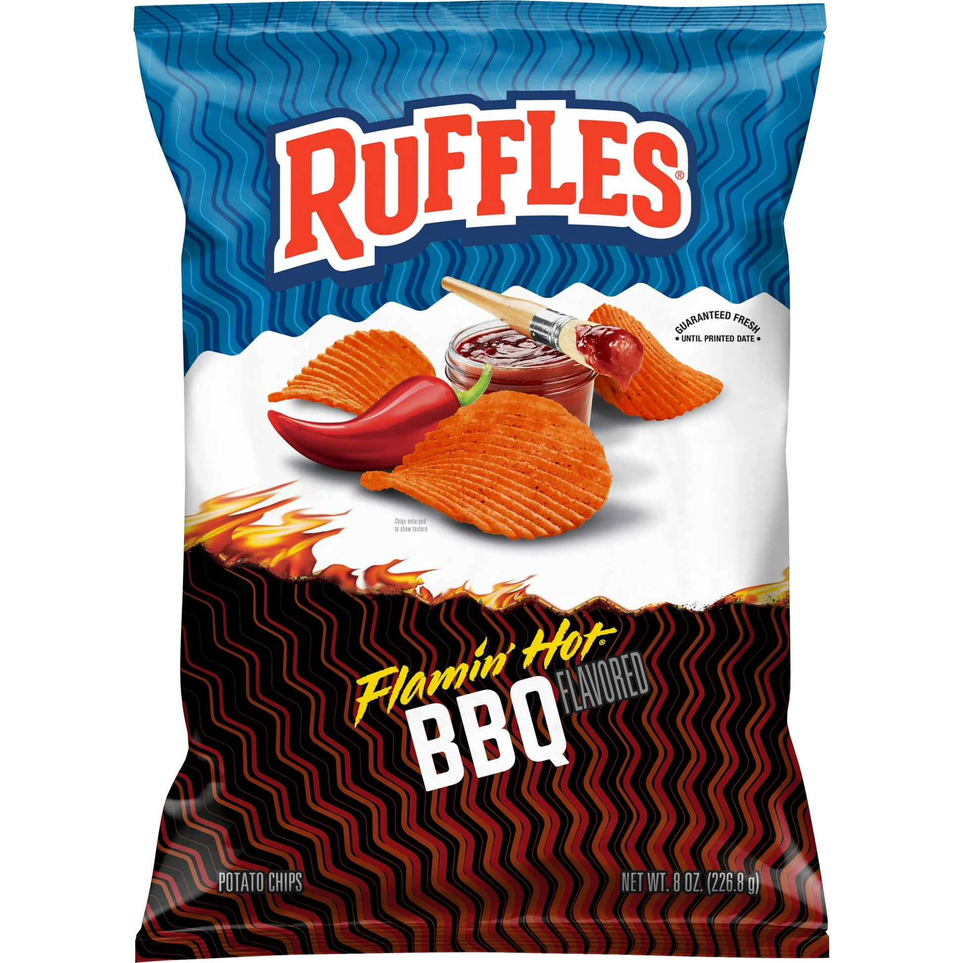 Ruffles are famous for two things: the ridges on our chips, the fact that we’re the Official Chip of the NBA, and the best chip flavors the game has ever tasted. Okay, so maybe it’s three things. Ruffles Flamin’ Hot BBQ Flavored Potato Chips have that classic, spicy flavor mixed for the first time with sweet barbecue for our boldest flavor yet. Grab a bag of Frito-Lay Brands iconic Potato Chips, for when your next craving hits or wherever your next adventure takes you! These packs are Shelf-Stable for easy 